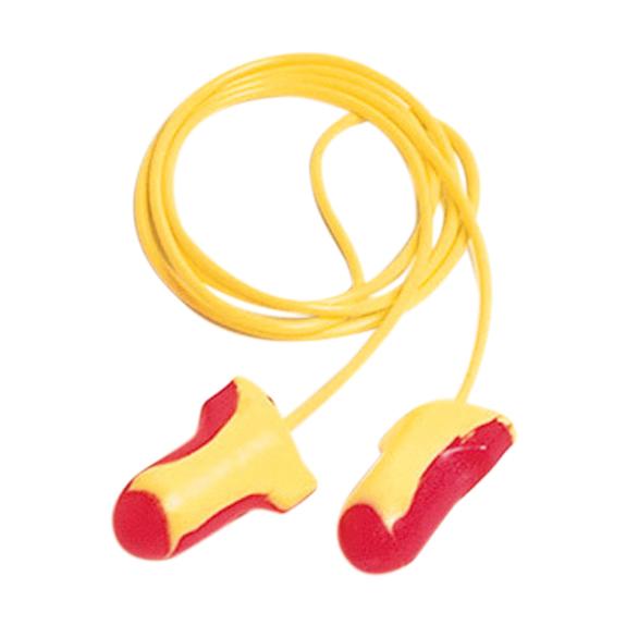 Gehörschutzstöpsel Honeywell Laser Lite® mit gelben und roten Akzenten, verbunden durch ein gelbes Band, geschwungen zur ergonomischen Anpassung.