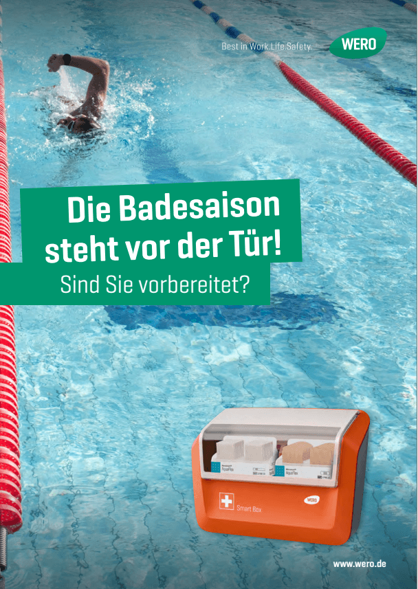 Anzeige für die smarte Erste-Hilfe-Box im Pool, mit einem Schwimmer und der Frage: "Sind Sie vorbereitet?" unter www.wero.de.