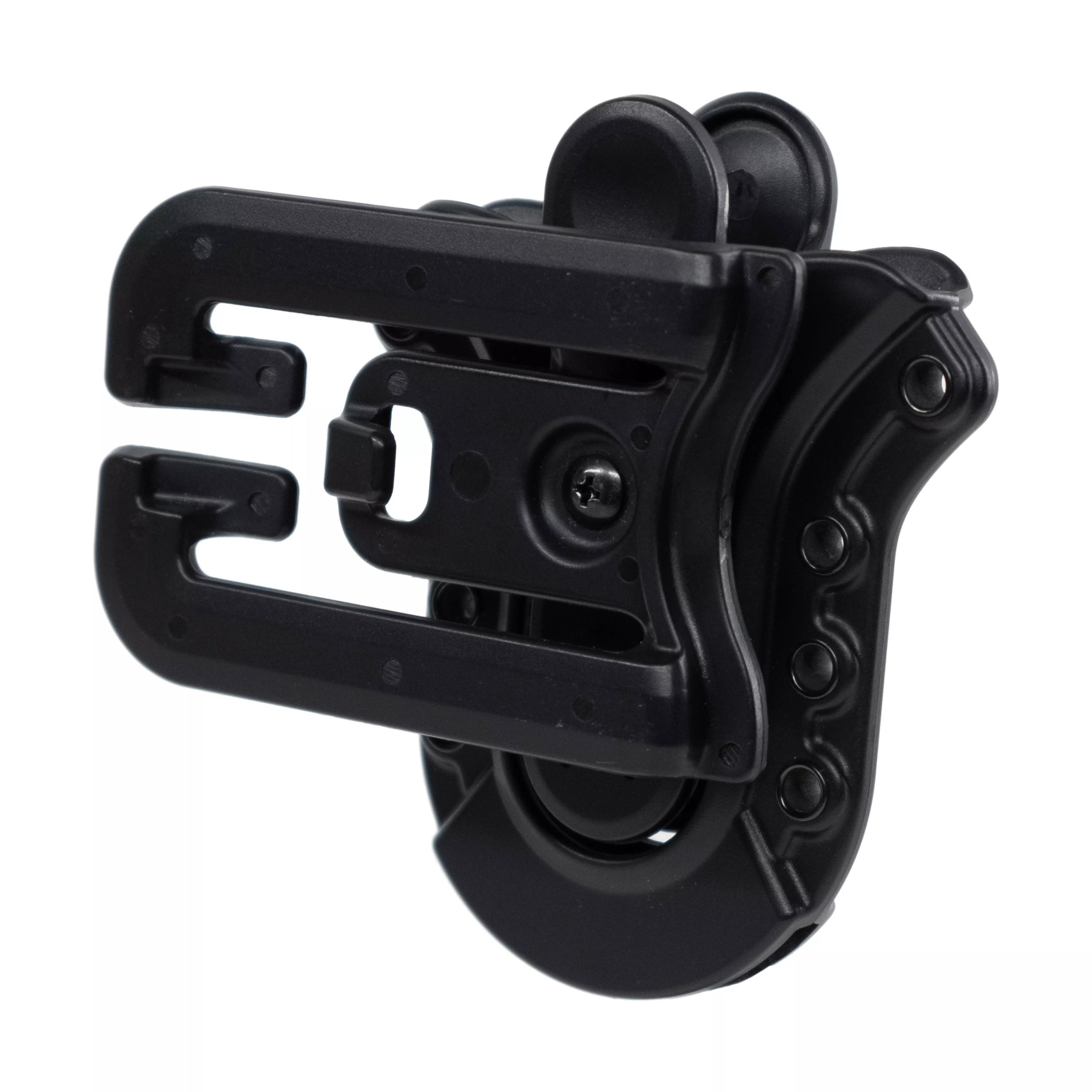 Schwarzer D-förmiger Kunststoff-Karabinerhalter mit vier Schrauben rechts und zwei links zur sicheren Befestigung des Karabiners.