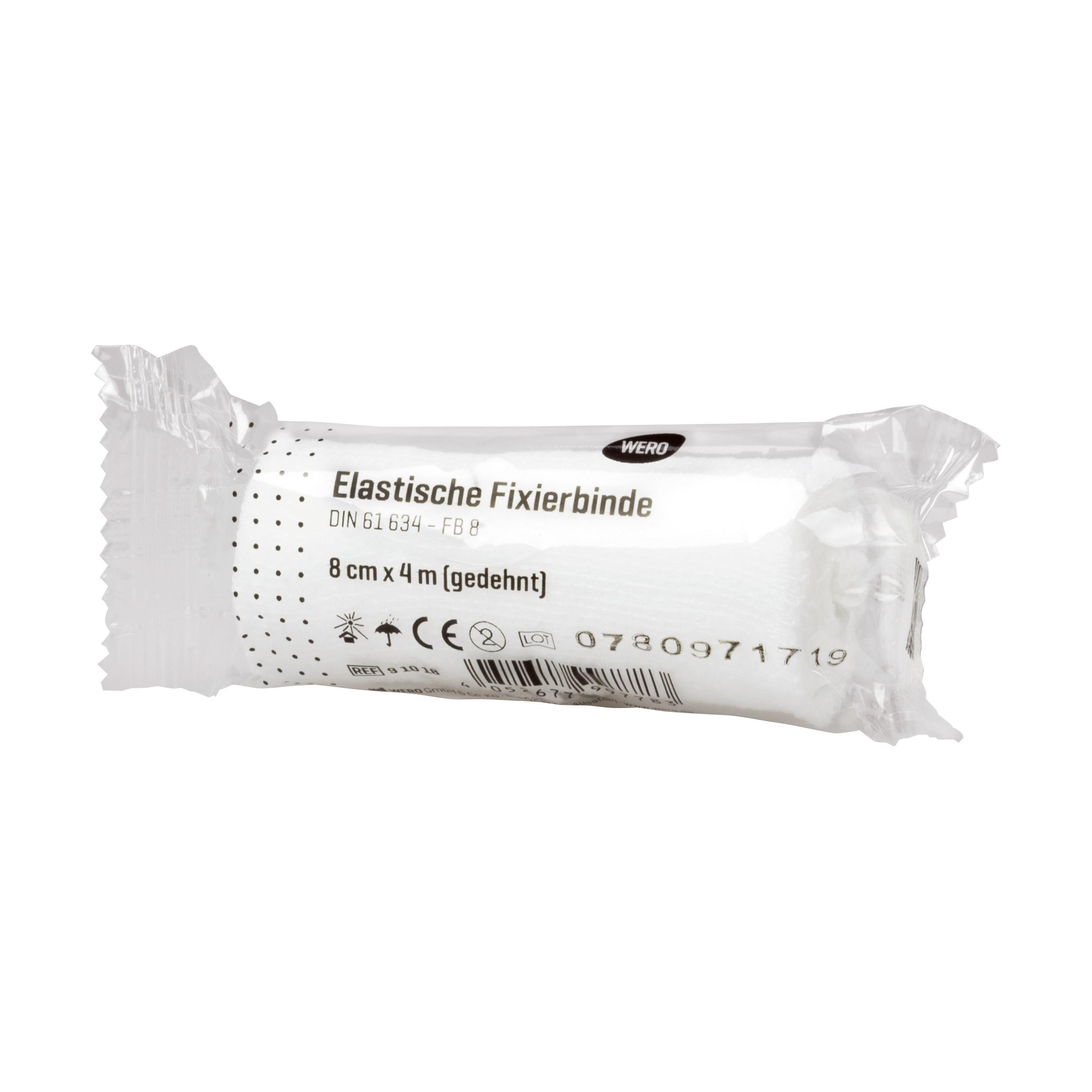 Eine einzeln verpackte Mullbinde Elastische Fixierbinde DIN 61634, 8 cm breit und 4 m lang, aus dehnbarem, weichem Material.