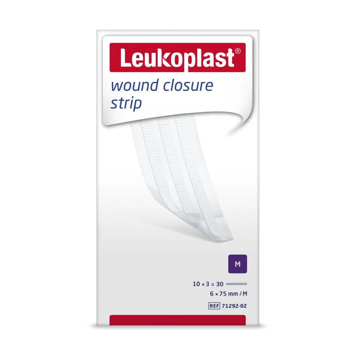 Weiße Verpackung Leukoplast® Wundnahtstreifen - Größe M mit rotem Streifen, Größenangabe und Menge, ideal für sensible Haut, atmungsaktiv und formstabil.