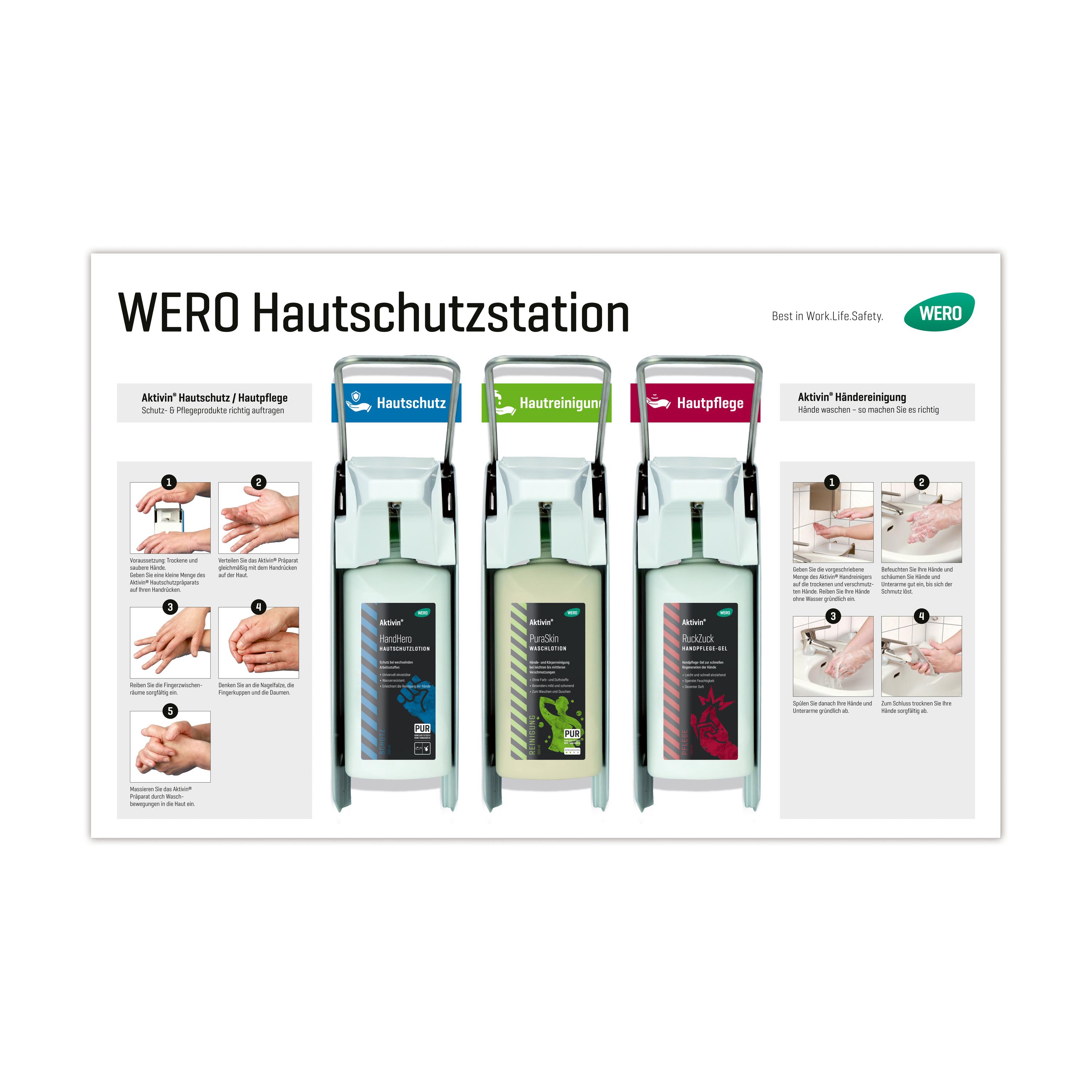 Drei farbig markierte Flaschen WERO Hautschutzstation - Druck 1 mit verschiedenfarbigen Flüssigkeiten und Anwendungshinweisen für Handreinigung.
