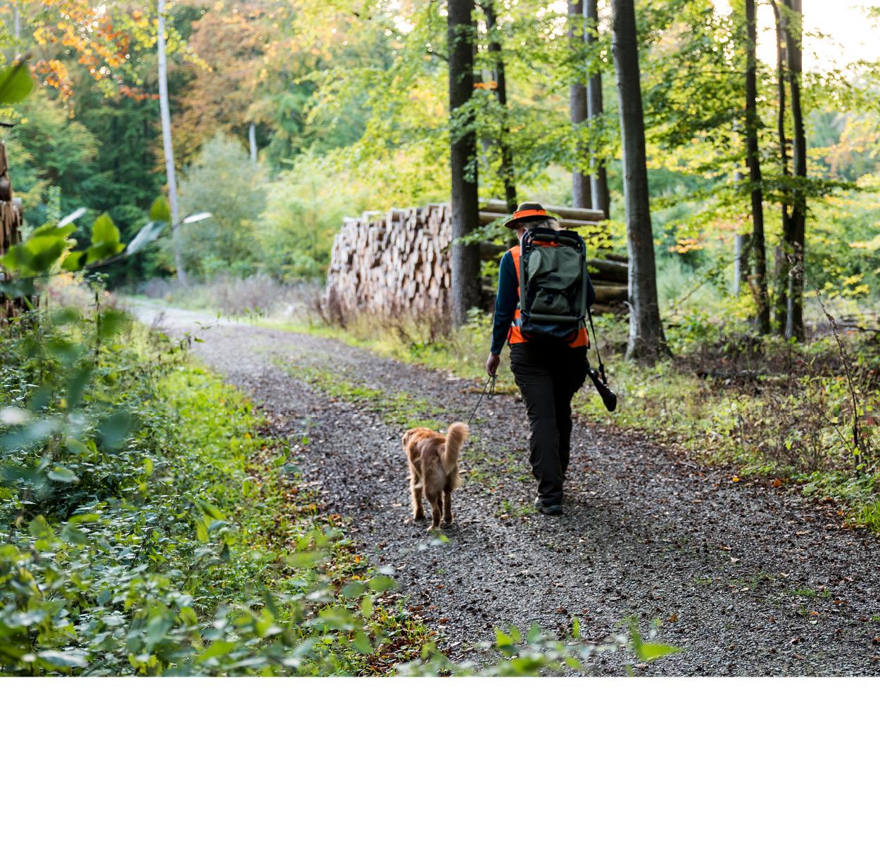 Eien Jägerin trägt einen Rucksack, Hut und Gewehr und hat ihren Hund links neben sich. Sie läuft durch einen Wald