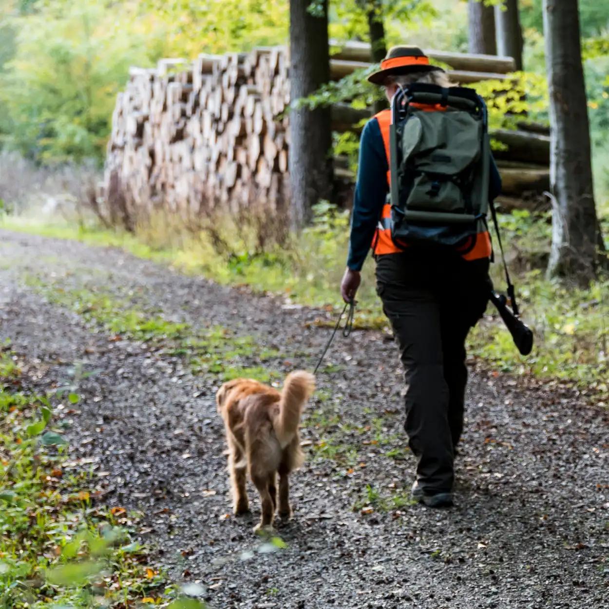 Eine Person mit orangefarbener Weste führt einen kleinen, hellbraunen Hund an der Leine auf einem von Bäumen gesäumten Schotterweg.