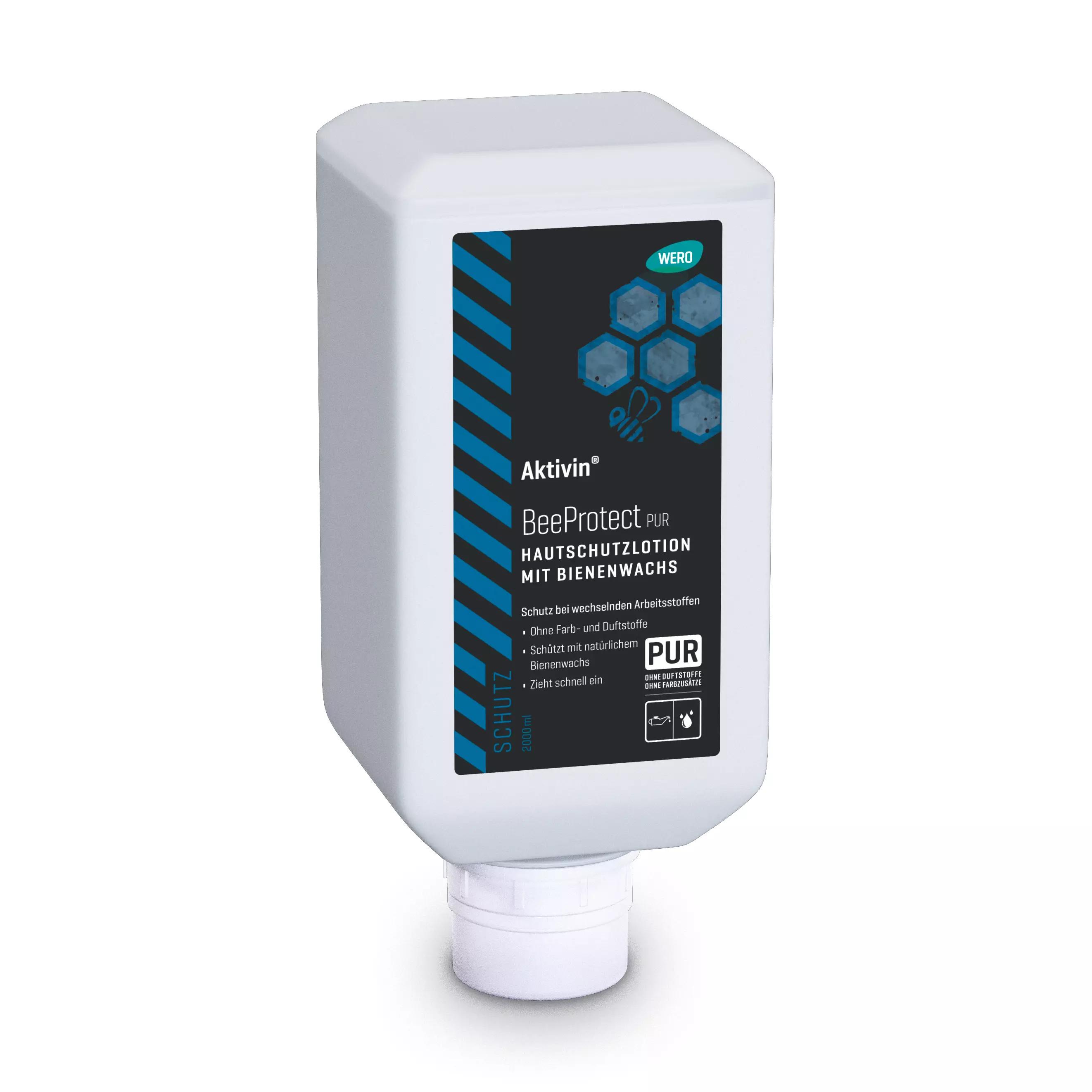 Ein weißer 2.000 ml Spender Hautschutzlotion Aktivin® BeeProtect PUR mit blau-schwarzem Etikett, parfüm- und farbstofffrei, enthält Bienenwachs.