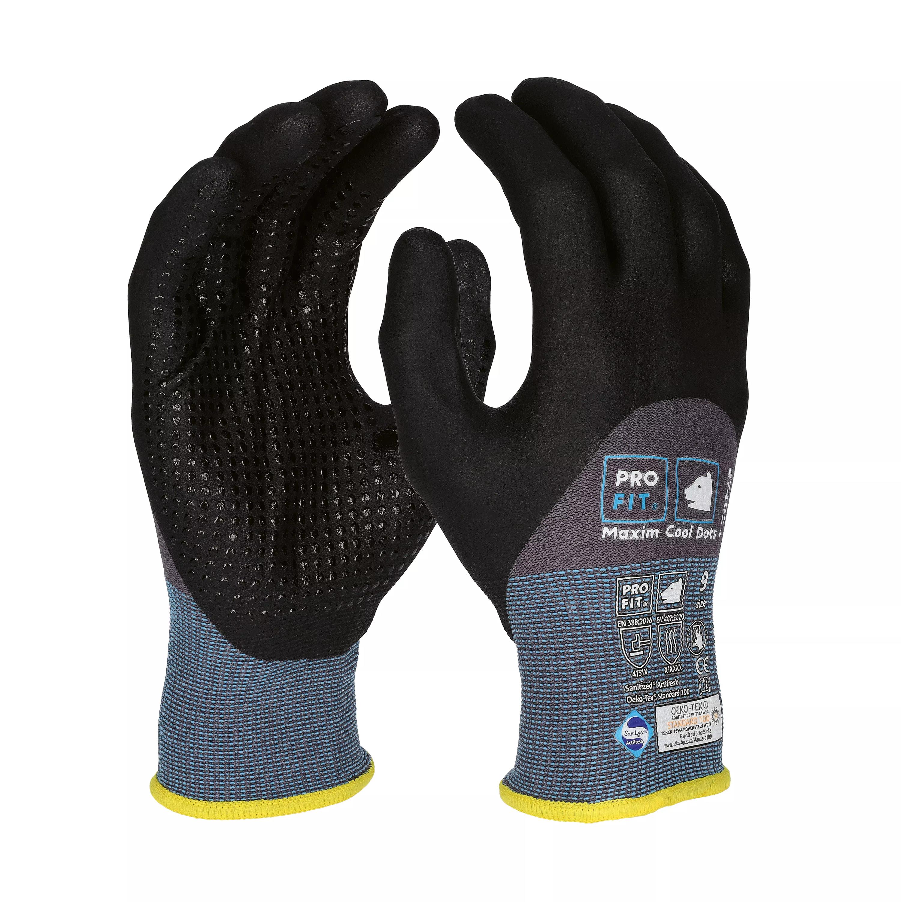 Zwei Montagehandschuh Maxim cool dots + mit dreiviertel Nitrilschaumbeschichtung und zusätzlicher Innenhandbenoppung für verbesserten Grip.