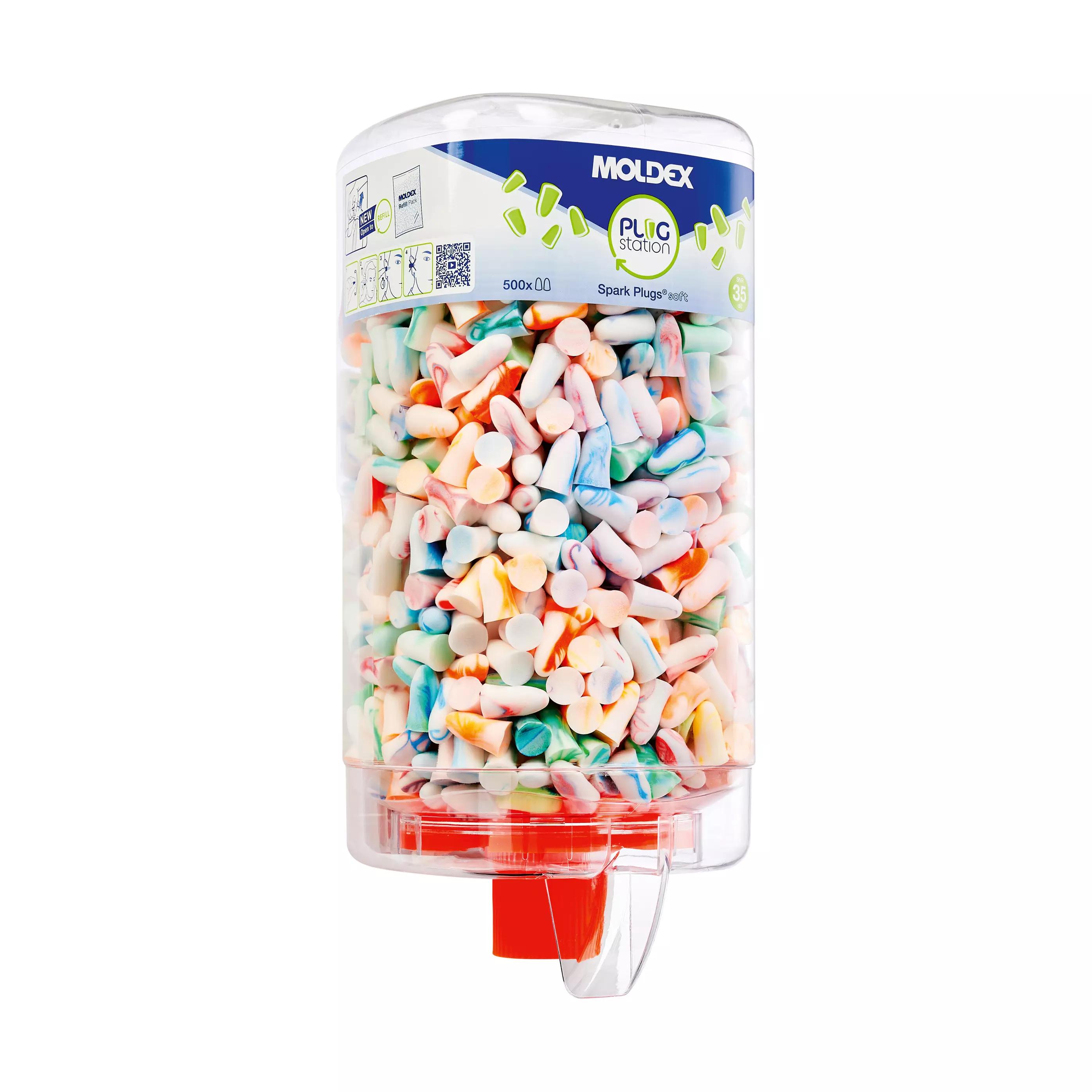 Transparente Dose MOLDEX® Spark Plugs® Soft Nachfüllpackung mit 500 Paar bunten, angenehm weichen Gehörschutzstöpseln und rotem Ausgießer.
