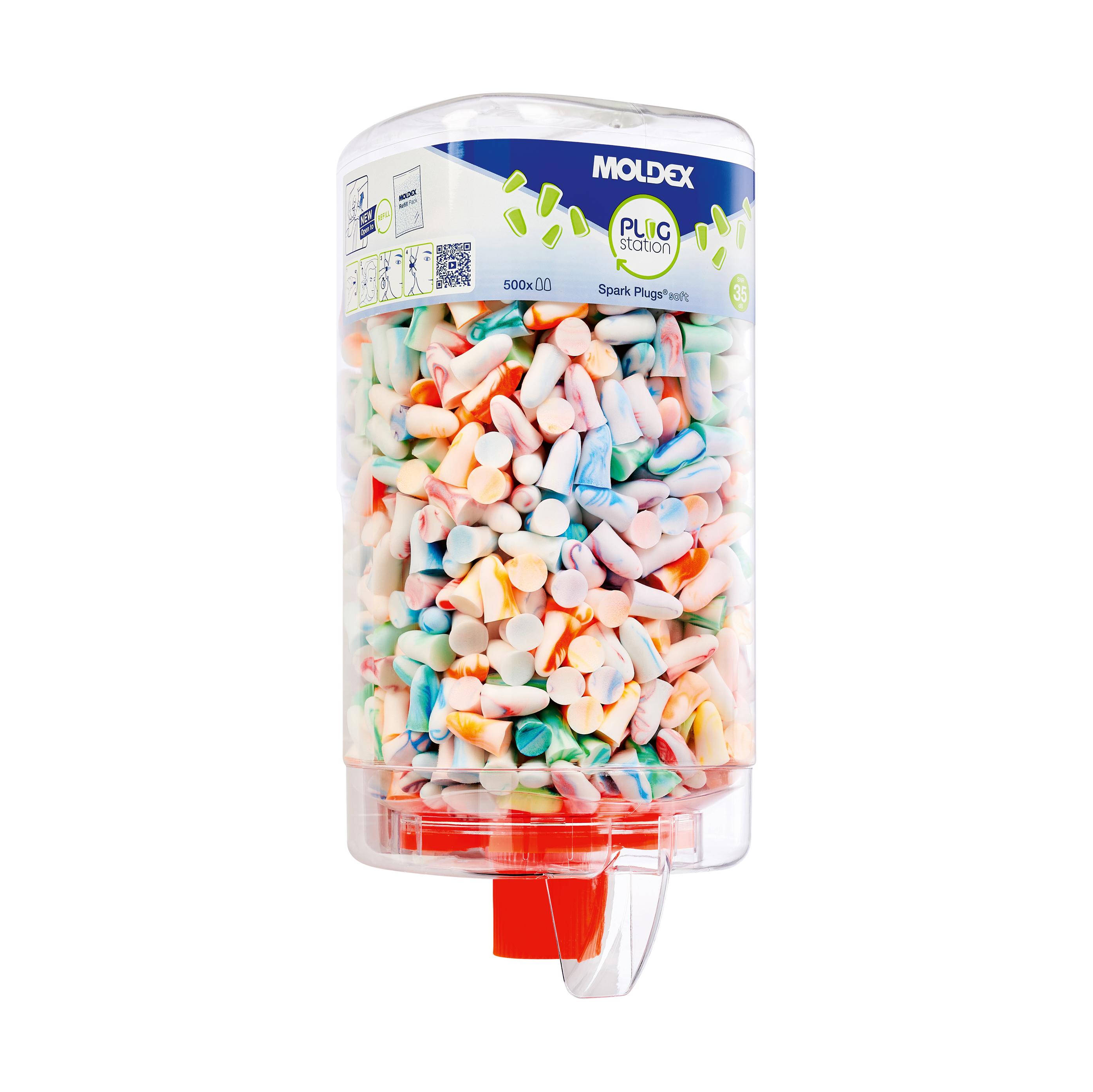 Transparente Dose MOLDEX® Spark Plugs® Soft Nachfüllpackung mit 500 Paar bunten, angenehm weichen Gehörschutzstöpseln und rotem Ausgießer.