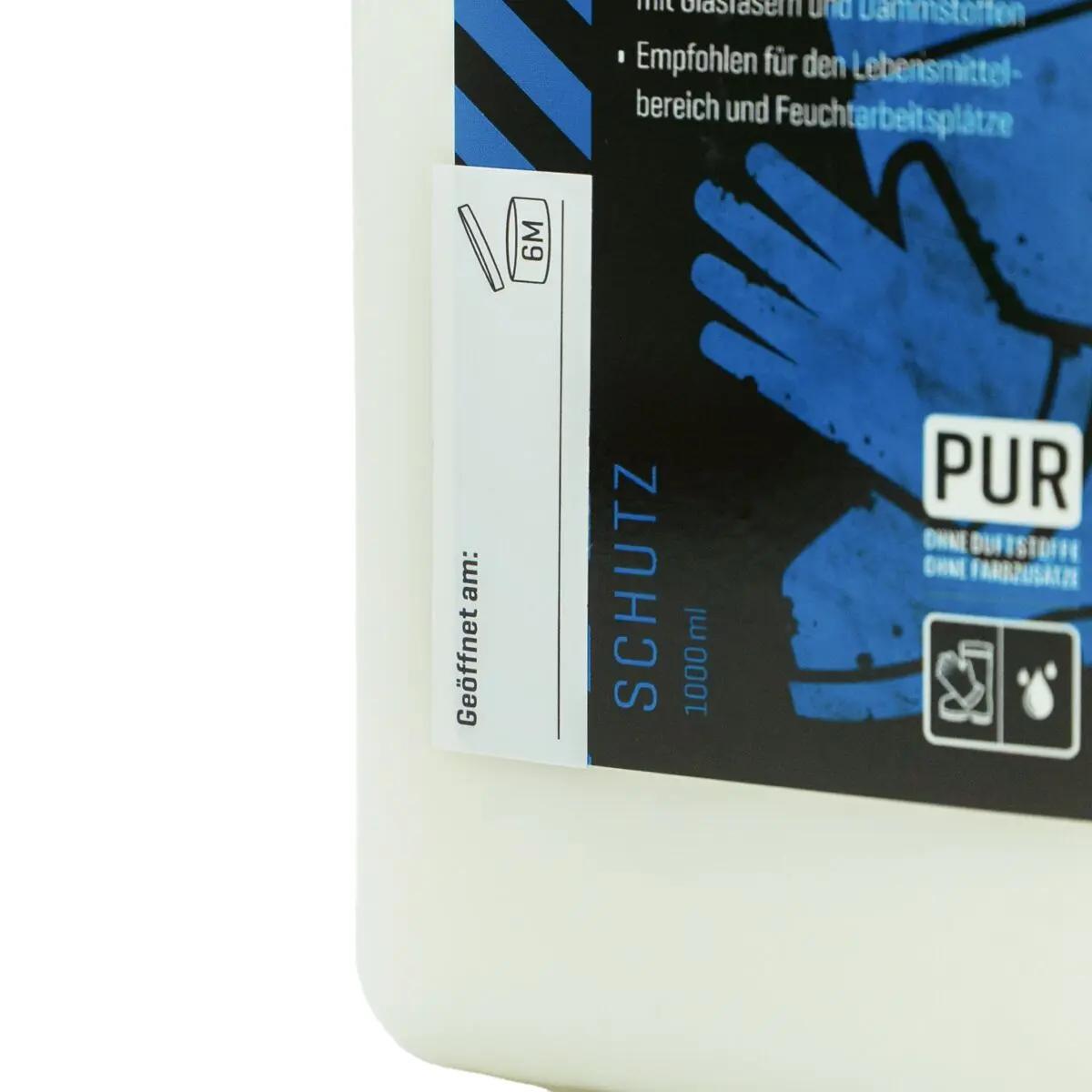Eine aufrecht stehende weiße Flasche mit dem Sticker: Haltbarkeit Aktivin-Produkte - 6M und Feldern zum Eintragen des Öffnungsdatums.