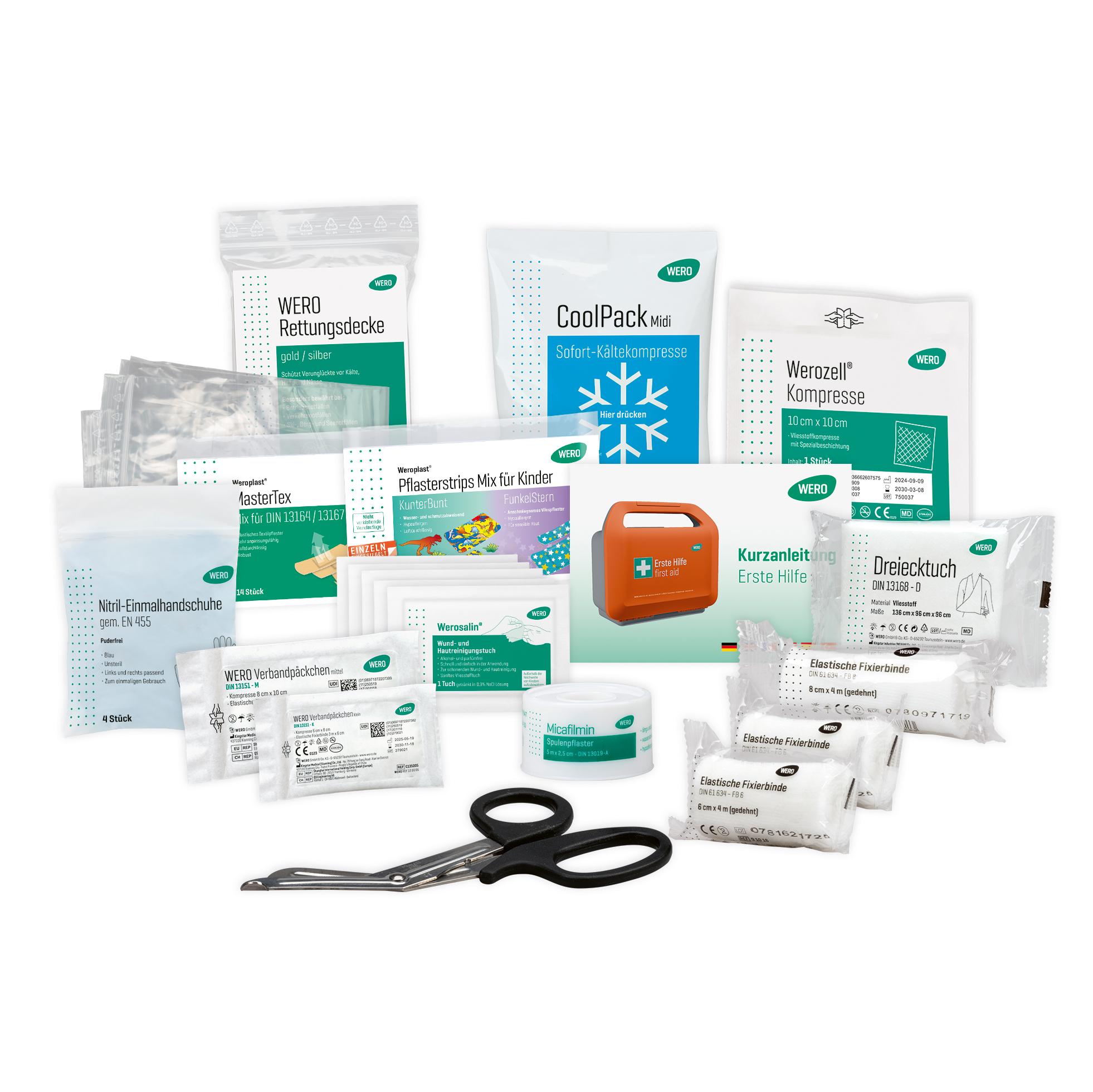 WERO Füllung MediBag Erste Hilfe Tasche mit vielseitigen Verbandmaterialien, Schere und einzeln verpackten medizinischen Utensilien übersichtlich angeordnet