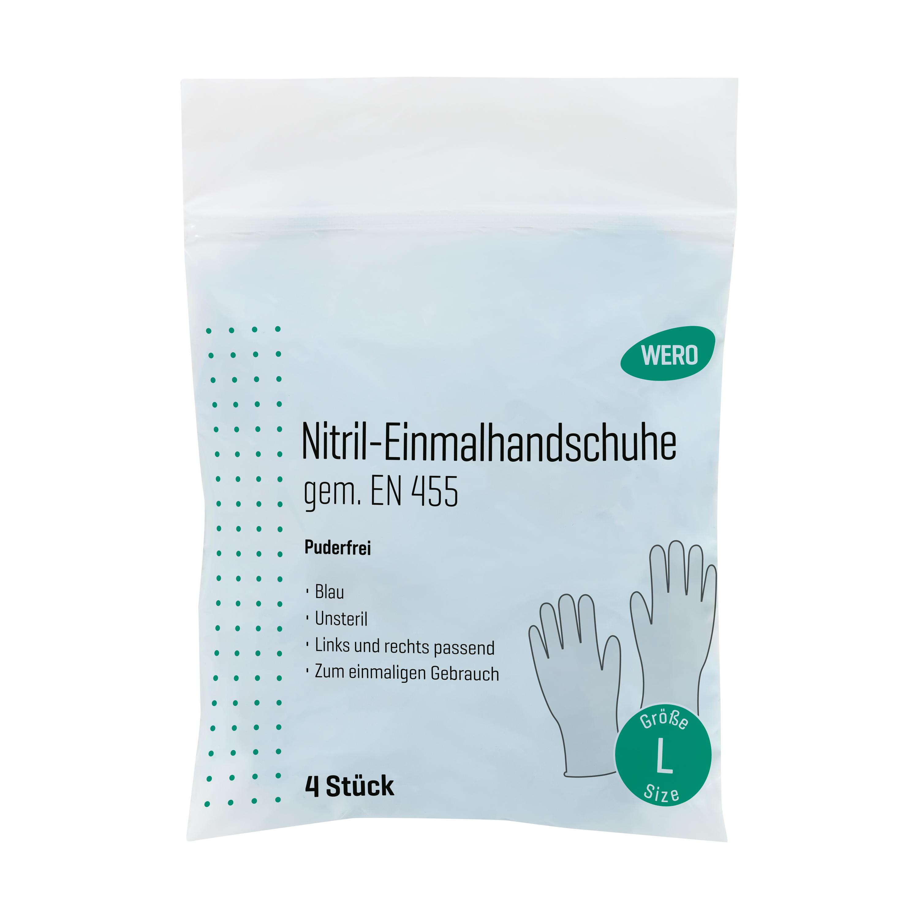 WERO Nitril-Einmalhandschuhe, puderfrei, Gr. L (8–9), 4 Stk in vier grünen Einzelverpackungen in hellblauem Beutel mit Größenkennzeichnung.