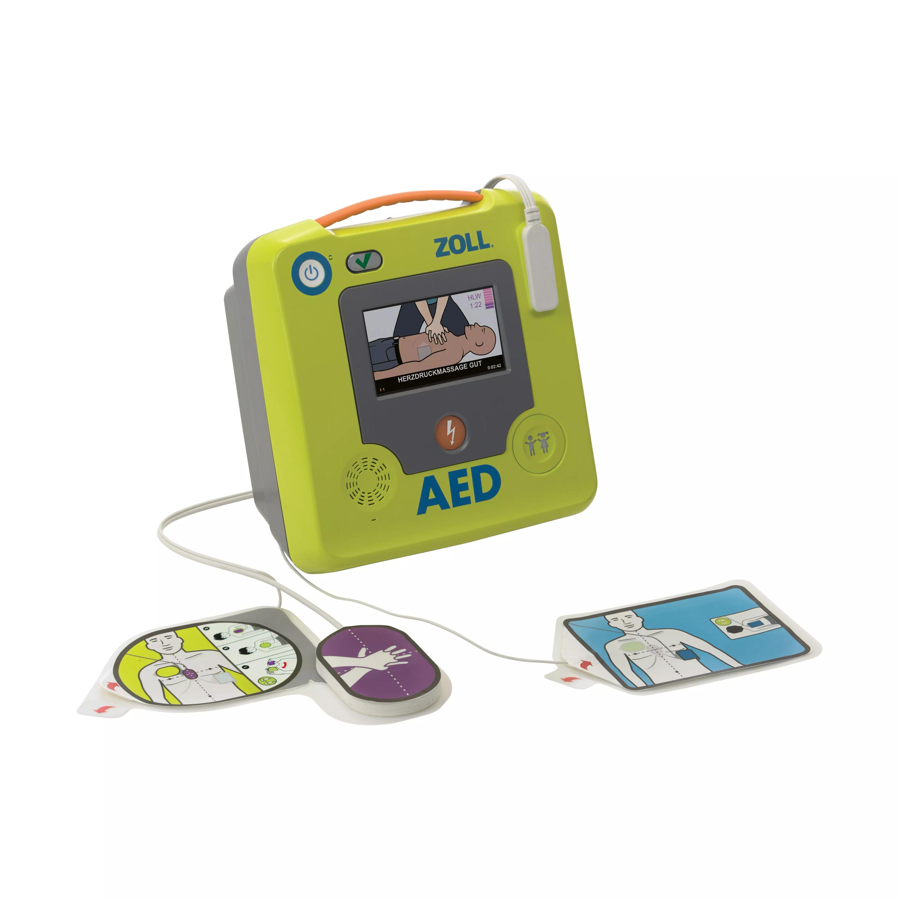 Defibrillator-Set ZOLL® AED 3, Halbautomat mit grauer Front, großem Display, Echtzeit-Feedback und zwei anzulegenden CPR Uni-padz® Elektroden.