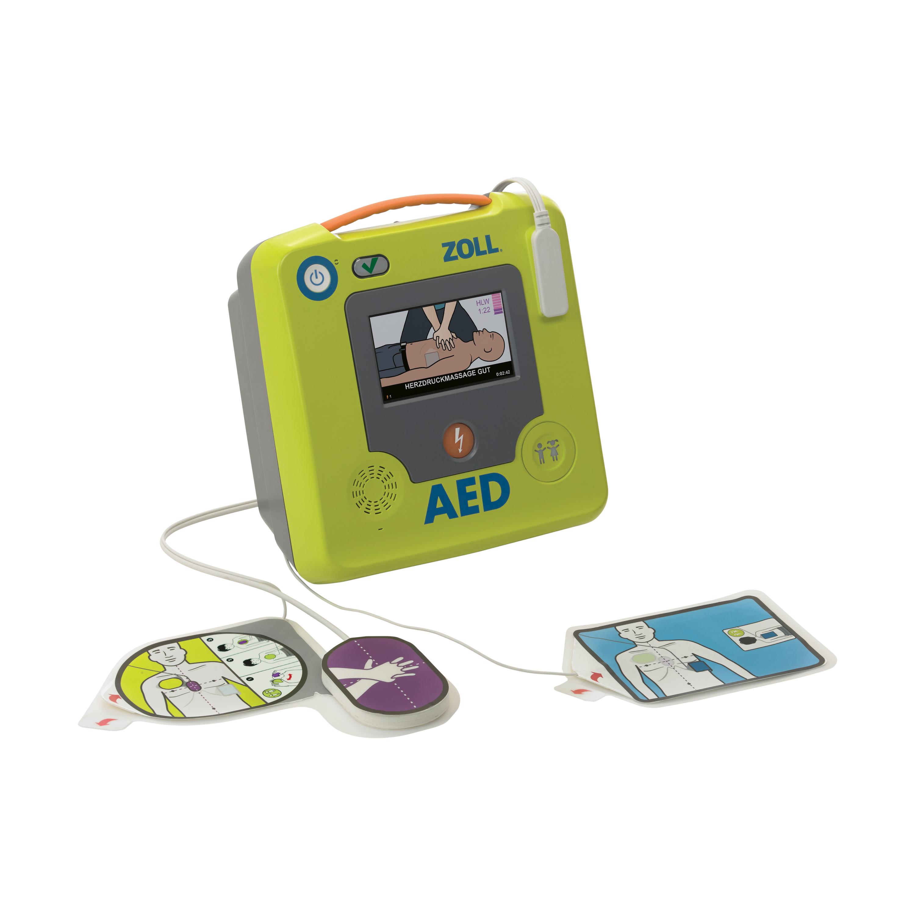 Defibrillator-Set ZOLL® AED 3, Halbautomat mit grauer Front, großem Display, Echtzeit-Feedback und zwei anzulegenden CPR Uni-padz® Elektroden.