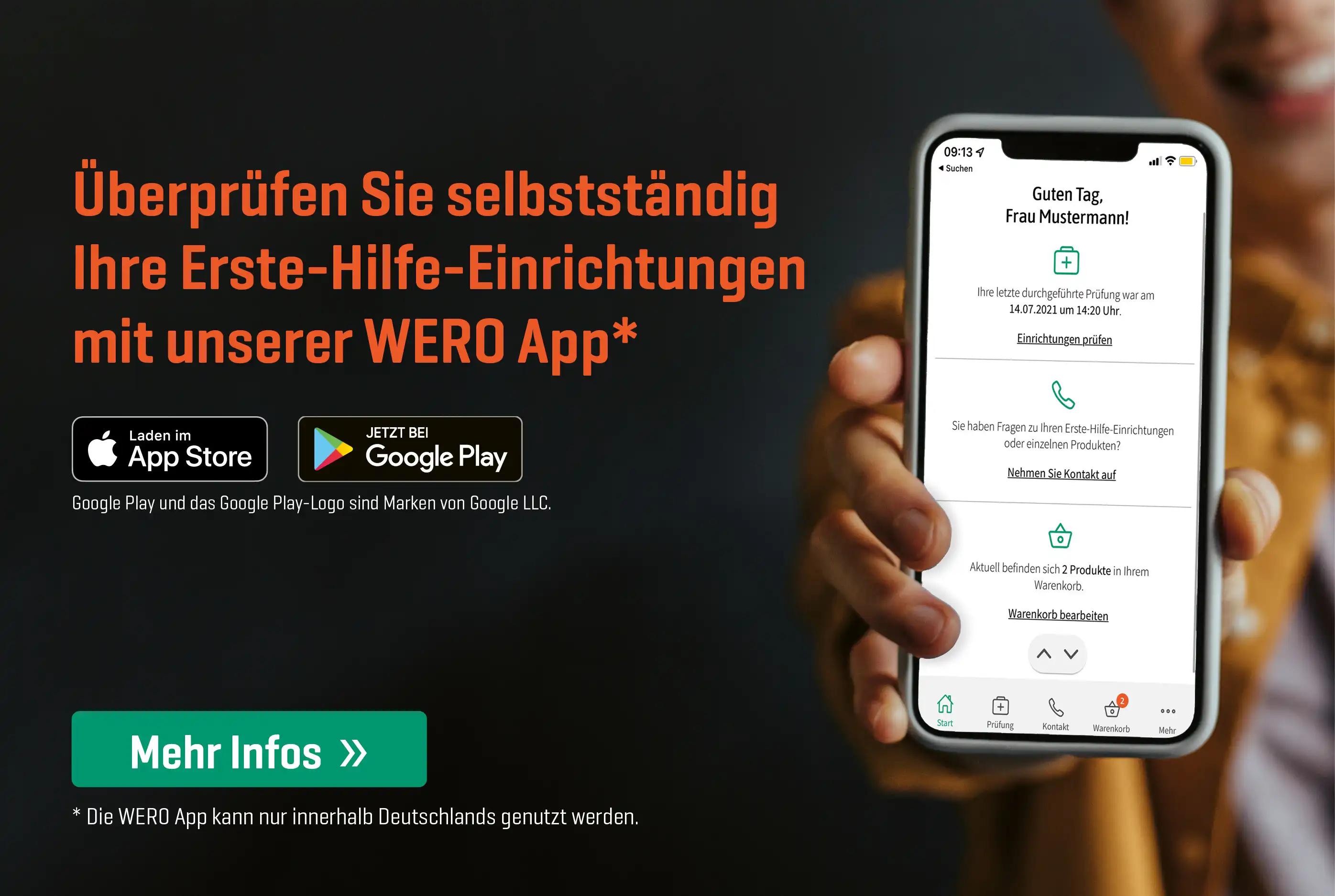 Banner für die WERO App zur selbstständigen Überprüfung von Erste-Hilfe-Einrichtungen inkl. Smartphone mit der geöffneten App.