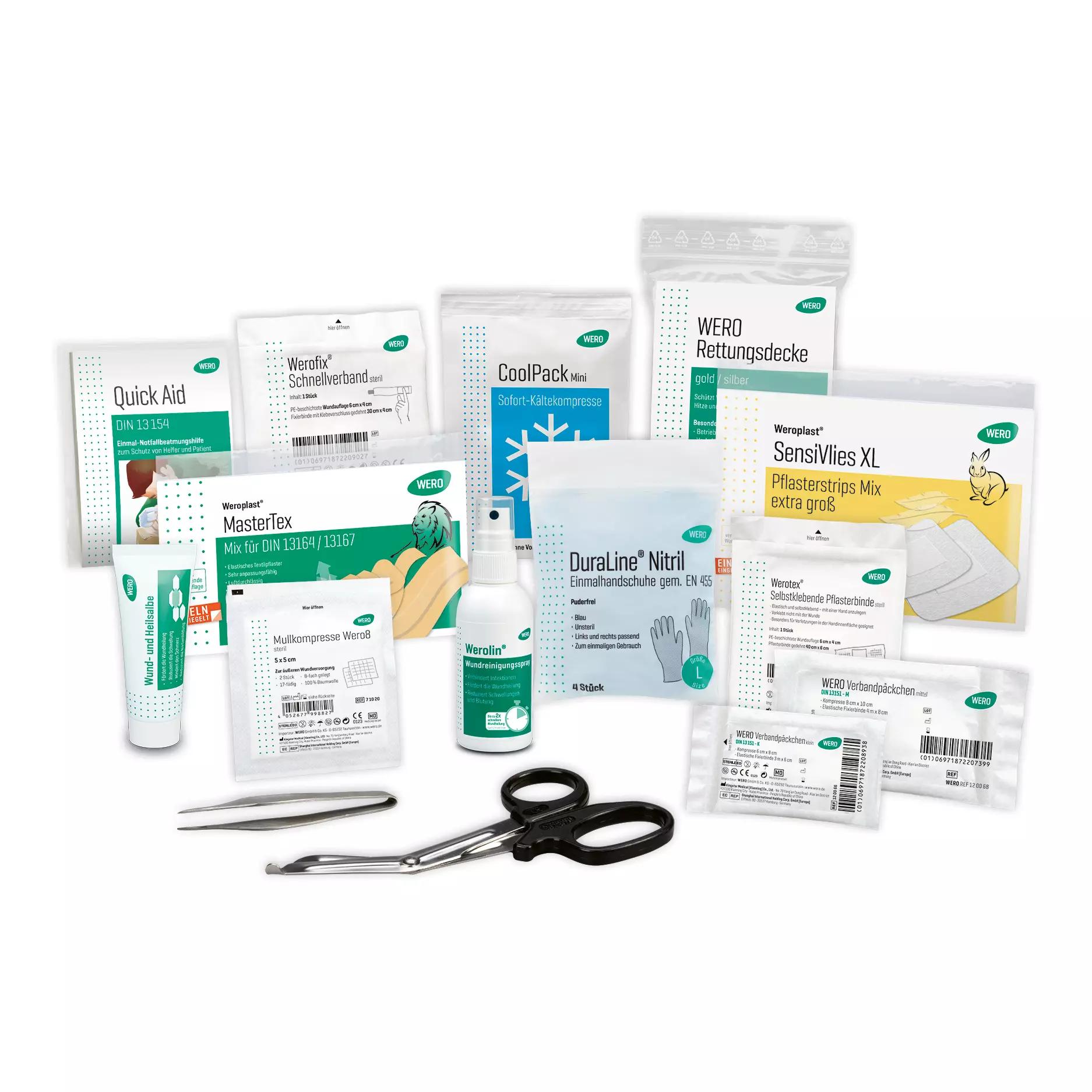 Das Bild zeigt das WERO Füllung On-Tour - Erste-Hilfe-Set Outdoor mit Wundreinigungsspray, Wund- und Heilsalbe sowie SensiVlies XL Pflasterstrips.