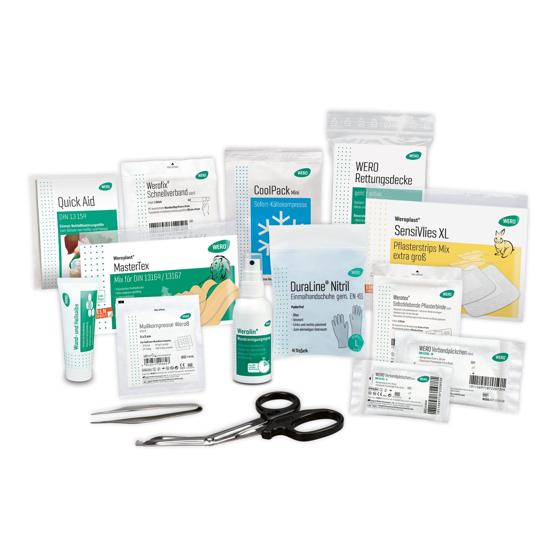 Das Bild zeigt das WERO Füllung On-Tour - Erste-Hilfe-Set Outdoor mit Wundreinigungsspray, Wund- und Heilsalbe sowie SensiVlies XL Pflasterstrips.