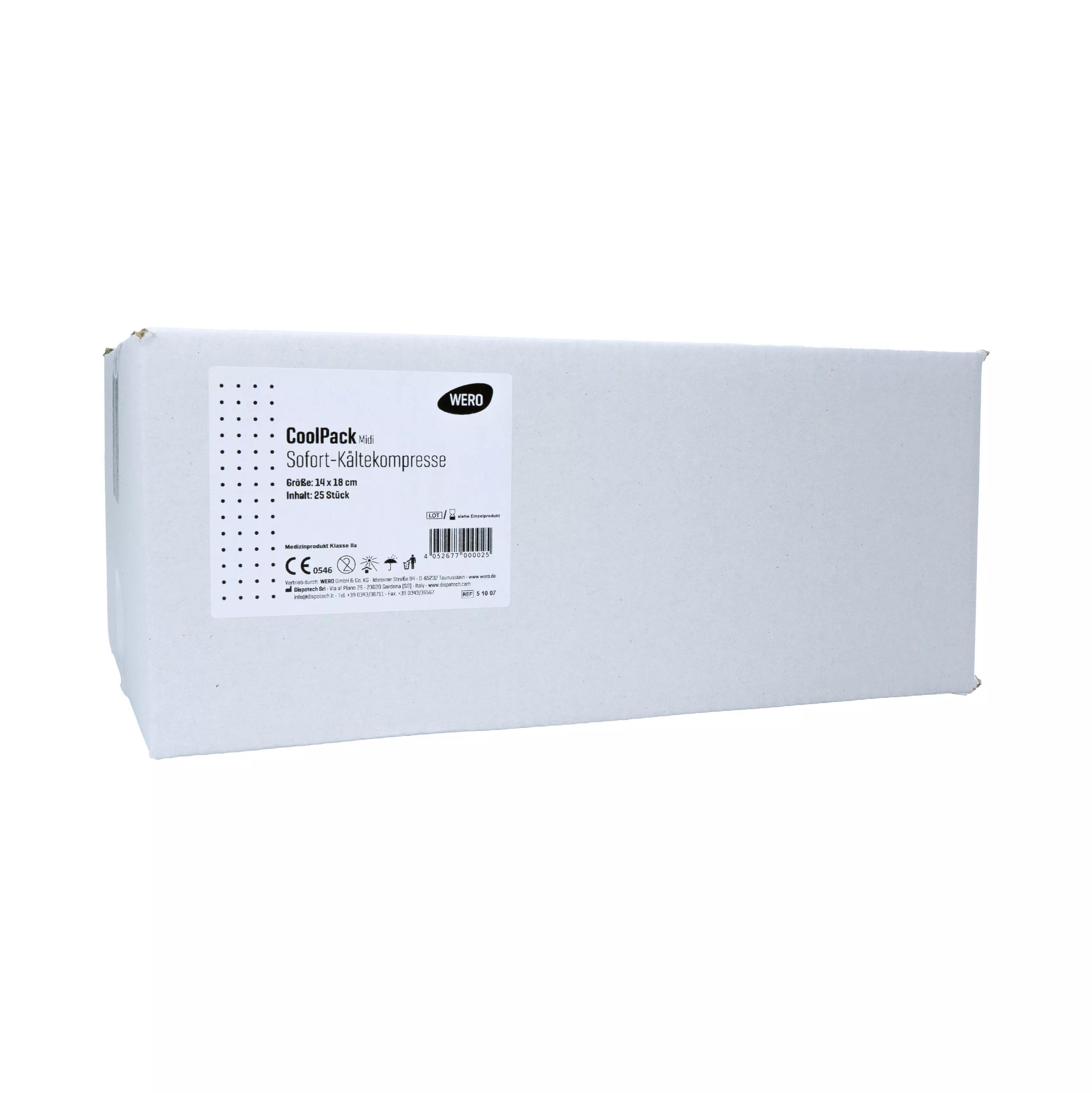 Eine stehende Packung WERO CoolPack Sofort-Kältekompresse - Midi mit Aufdruck, vielseitig einsetzbar und ohne Vorkühlung sofort gebrauchsfertig.