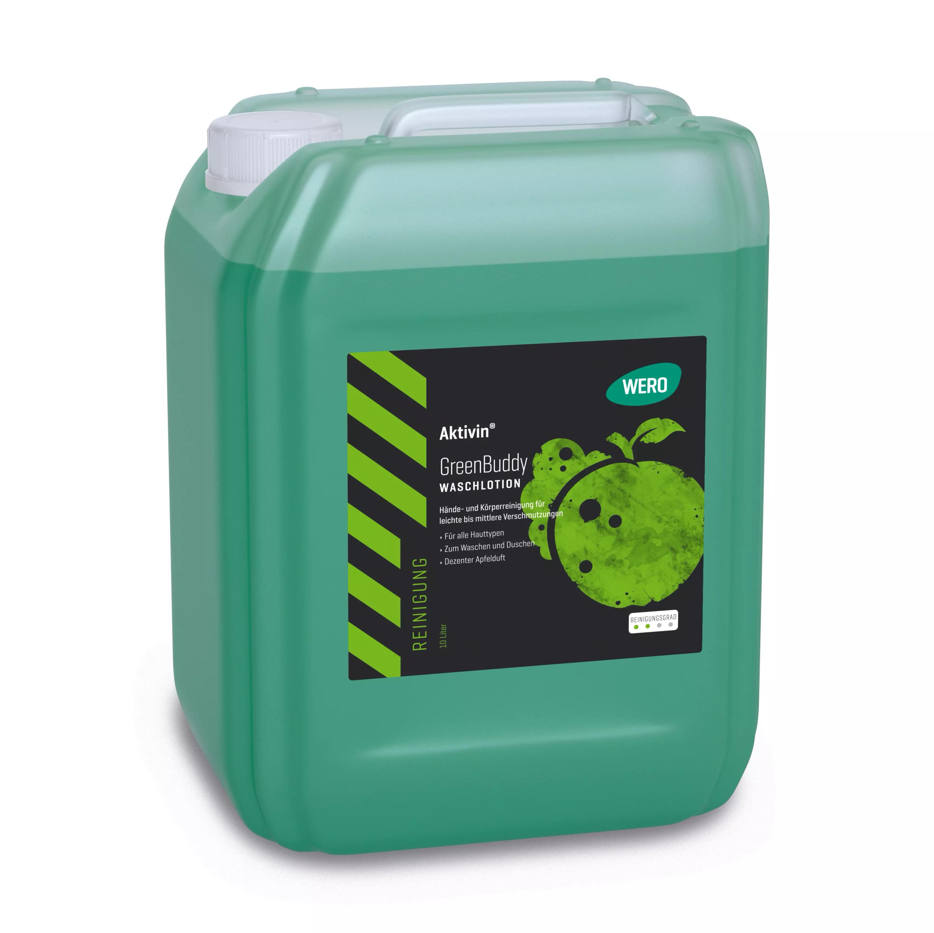 Hellgrüner Kanister Waschlotion Aktivin® GreenBuddy - Kanister, 10 Ltr mit weißem Deckel und Apfelduft, geeignet gegen leichte bis mittlere Verschmutzungen.
