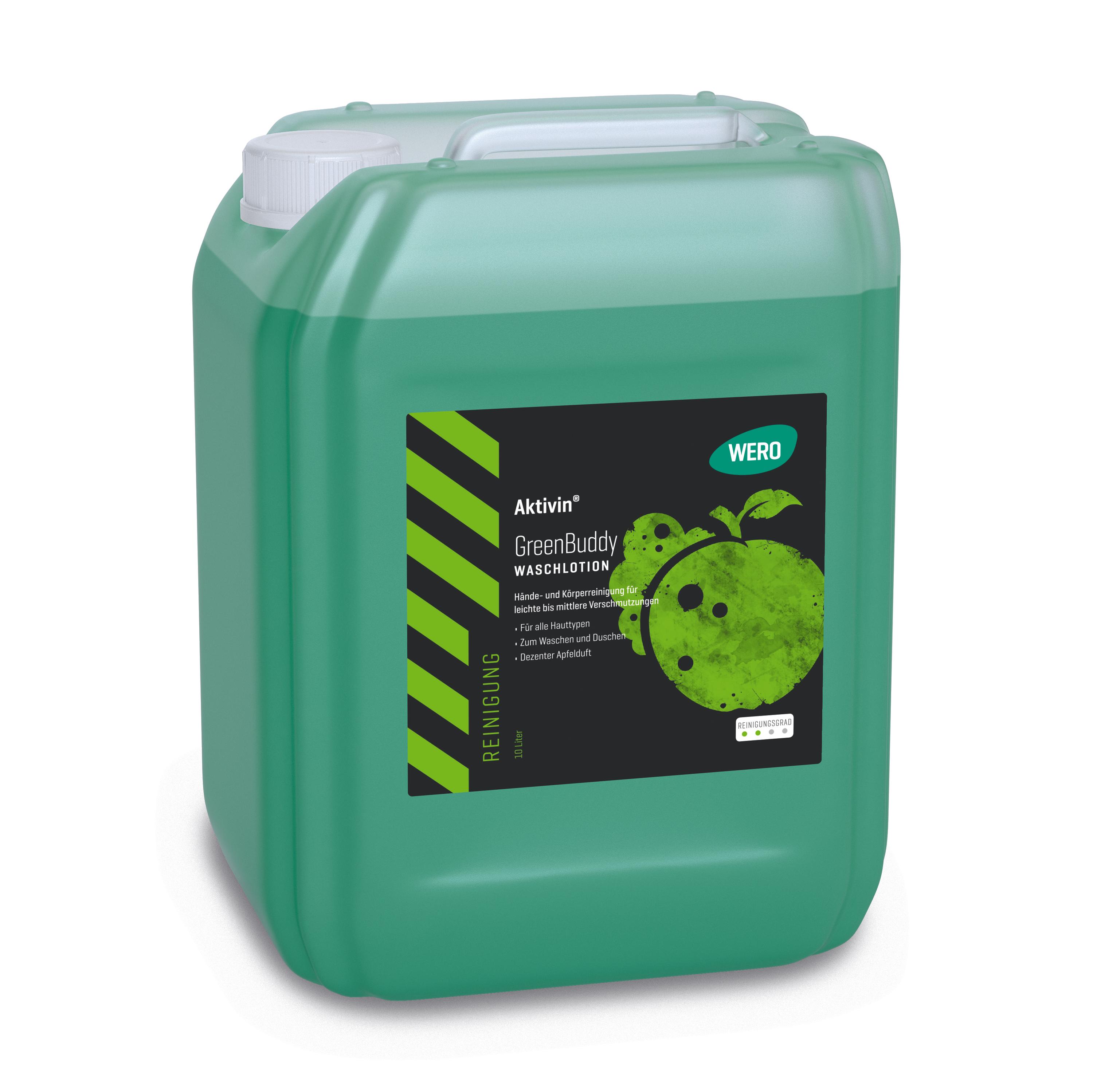Hellgrüner Kanister Waschlotion Aktivin® GreenBuddy - Kanister, 10 Ltr mit weißem Deckel und Apfelduft, geeignet gegen leichte bis mittlere Verschmutzungen.
