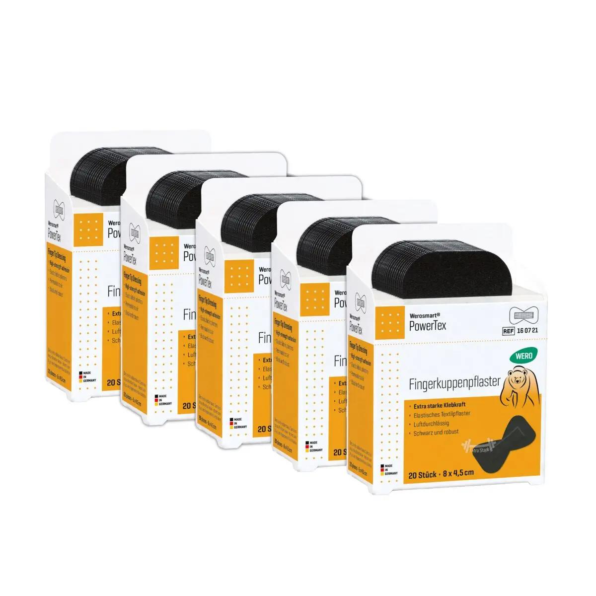 Fünf Werosmart® PowerTex Pflasterspender-Einsätze Fingerkuppenpflaster à 8 cm im orange-weißen Karton mit gut sichtbaren Piktogrammen in einer Reihe.