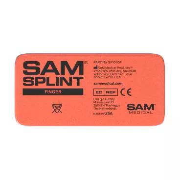 Orange-rote Box der SAM® SPLINT - Fingerschiene mit schwarzer Aufschrift, aus Aluminiumkern und Schaumstoff, flexibel und formstabil.