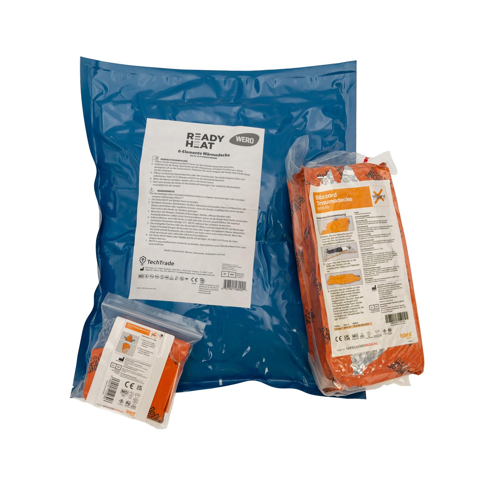 WERO MED-X® Hypothermie Bundle - Professional mit Blizzard Trauma Decke, Ready-Heat 6 Element Decke und Blizzard Beanie Mütze in versiegelten Verpackungen.
