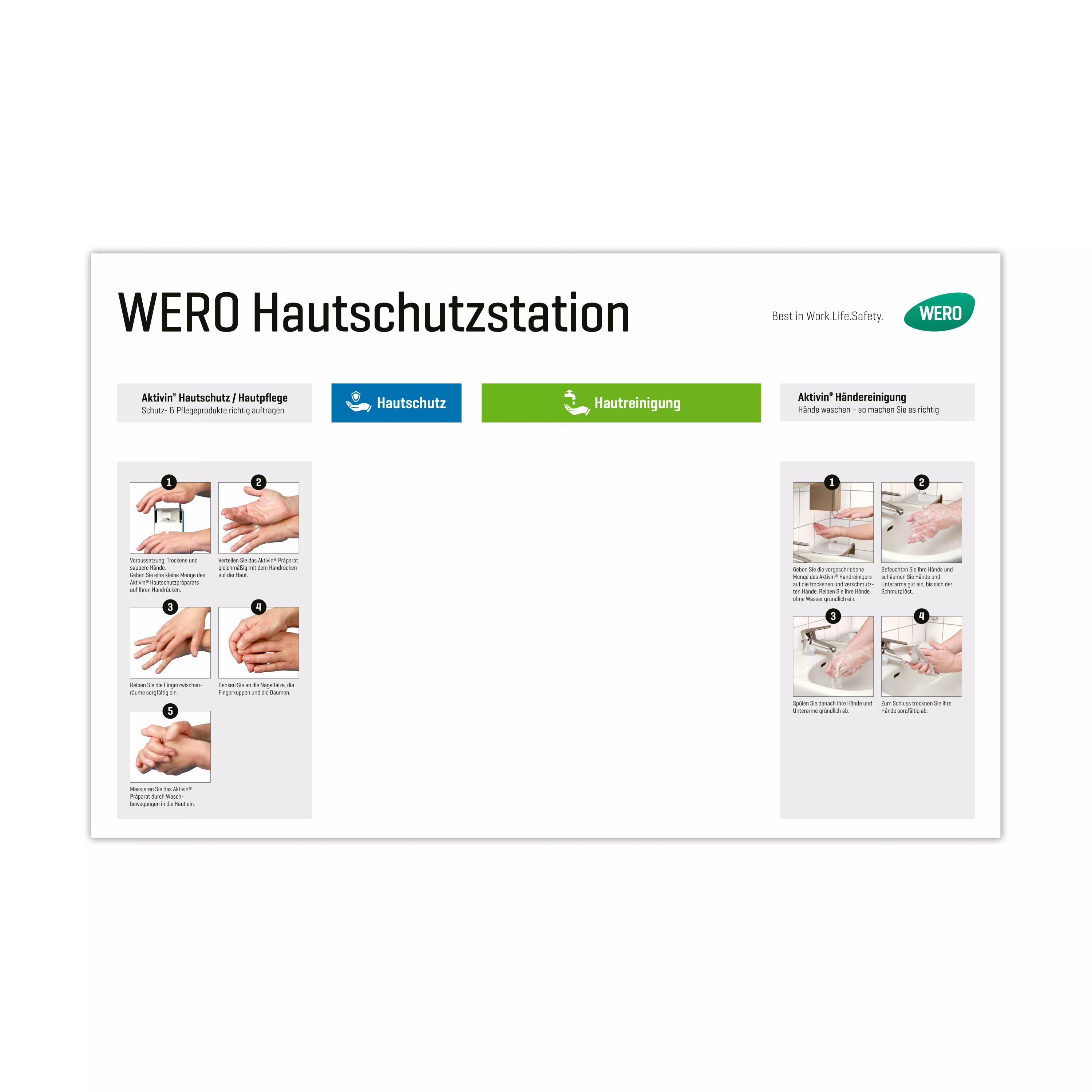 Poster WERO Hautschutzstation - Druck 3 zeigt Schritt-für-Schritt-Anleitungen zu Hautschutz und Hautreinigung mit Bildern von Händen.
