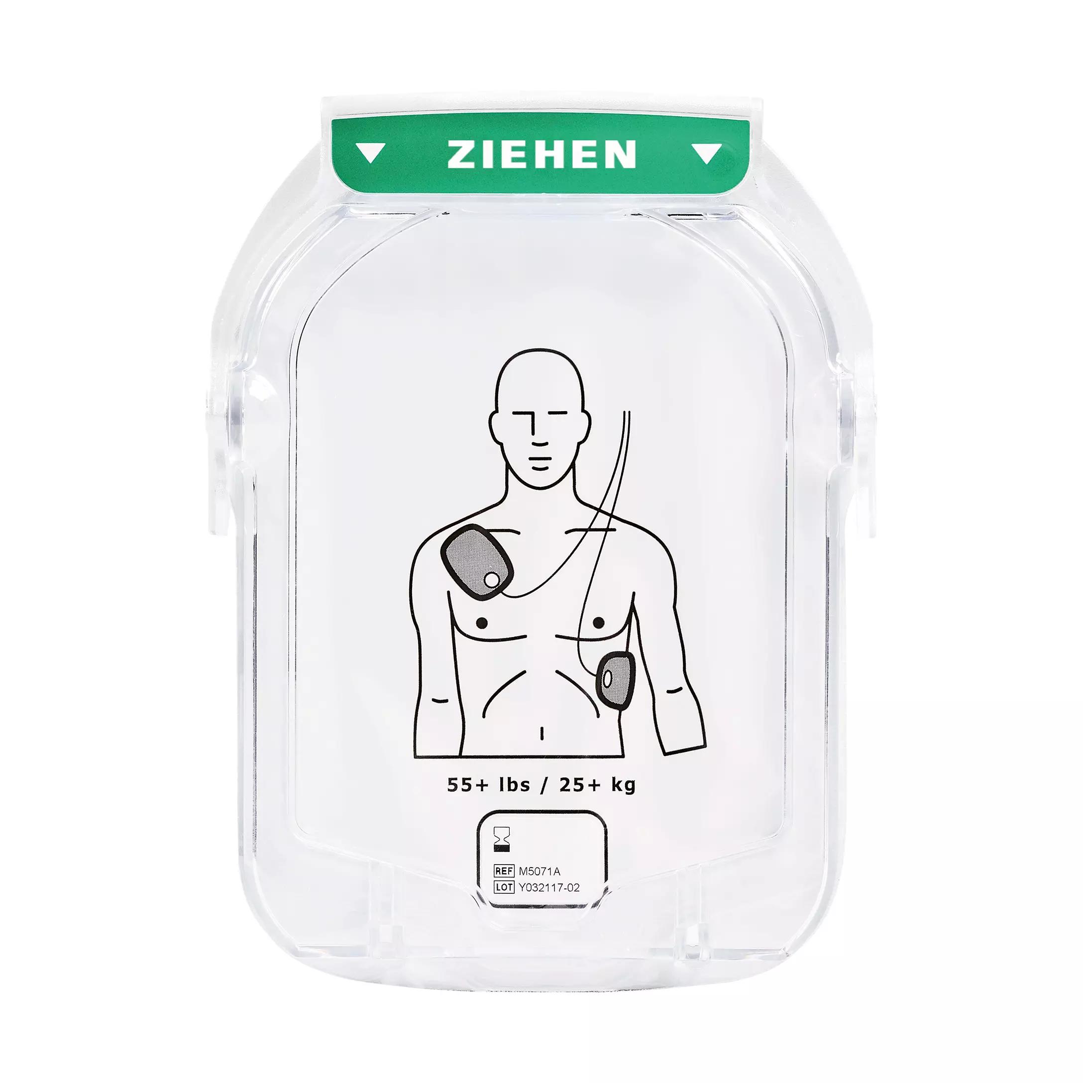 Elektrodenkassette HeartStart SMART Pads für Erwachsene für Philips HS1 im Gehäuse mit Diagramm zur Platzierung und zwei sichtbaren Bedienknöpfen.