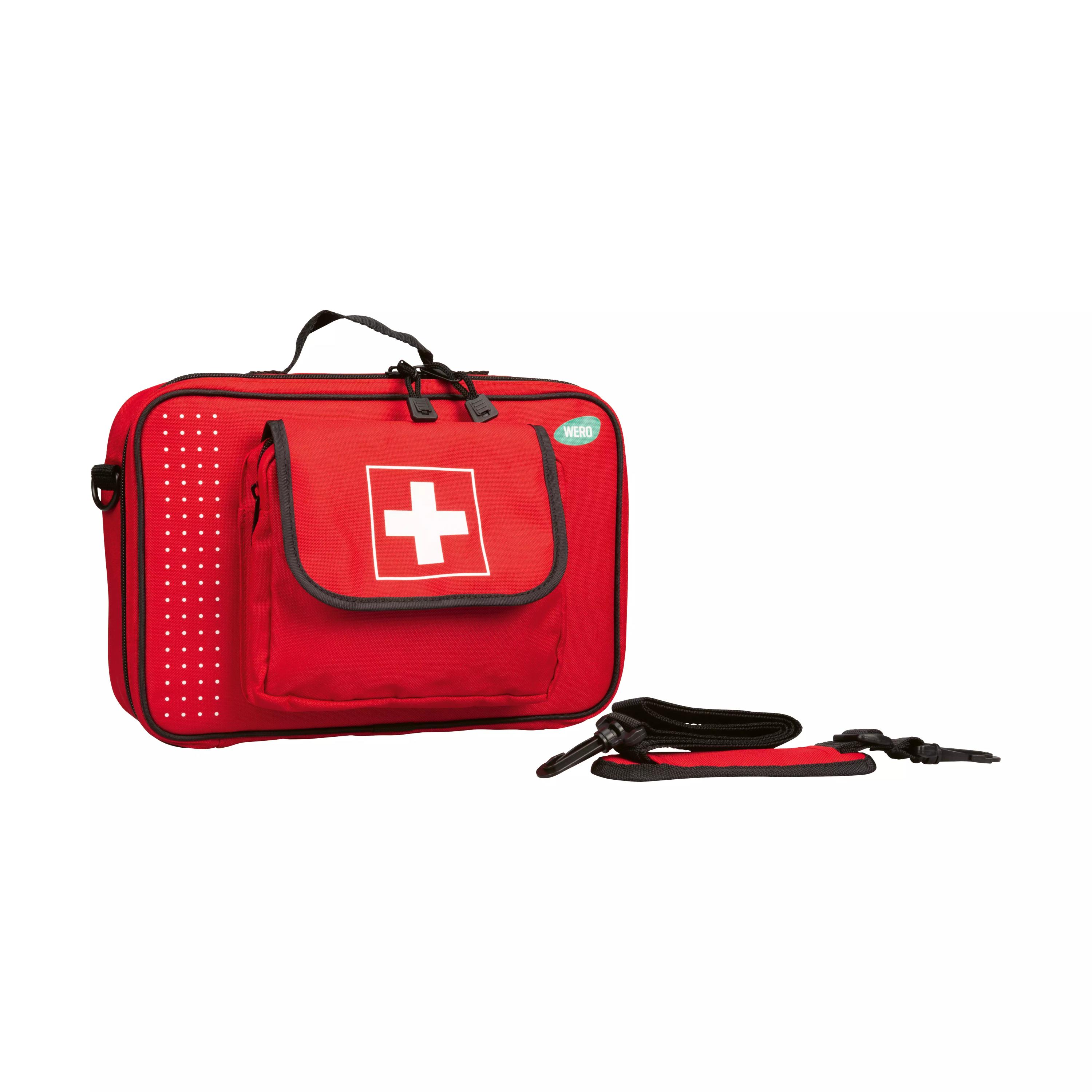 Große WERO Erste Hilfe Tasche mit weißem Kreuz, schwarzem Tragegriff und Schultergurt, Fronttasche und seitlichem WERO-Logo.