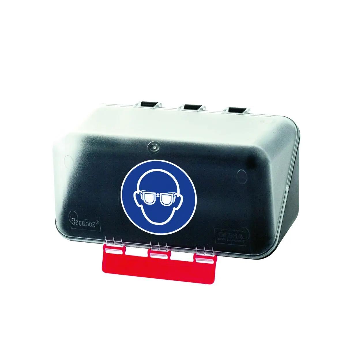 Rechteckige SecuBox® Aufbewahrungsbox für Schutzbrillen aus robustem ABS-Kunststoff mit Klarsichtdeckel und rotem Griff, vorne Symbol für Augenschutz.