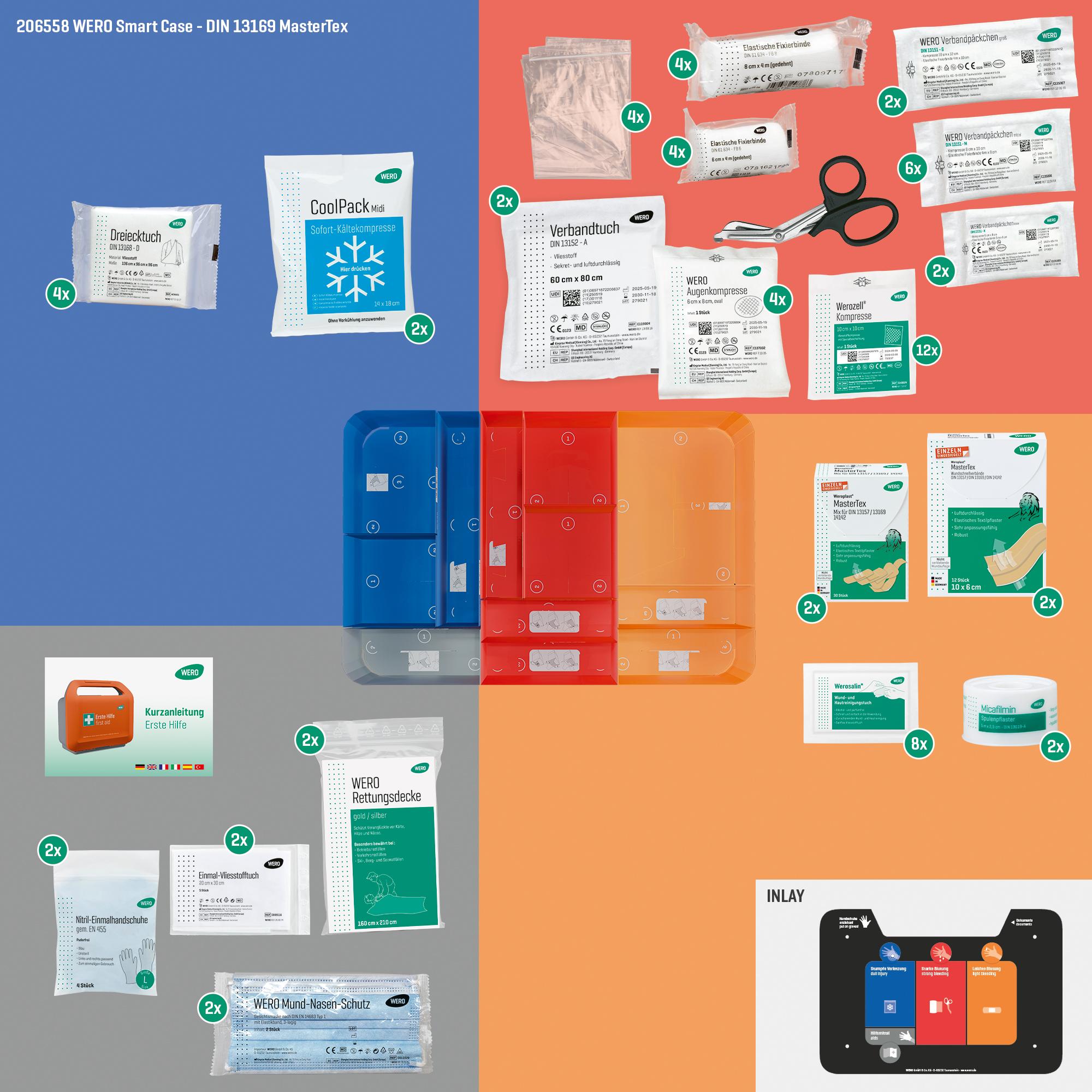 Ein offener WERO Smart Case® groß - Erste-Hilfe-Koffer DIN 13169 - Standard mit vier Fächern, Erste-Hilfe-Materialien, Schere und Smartphone mit App.