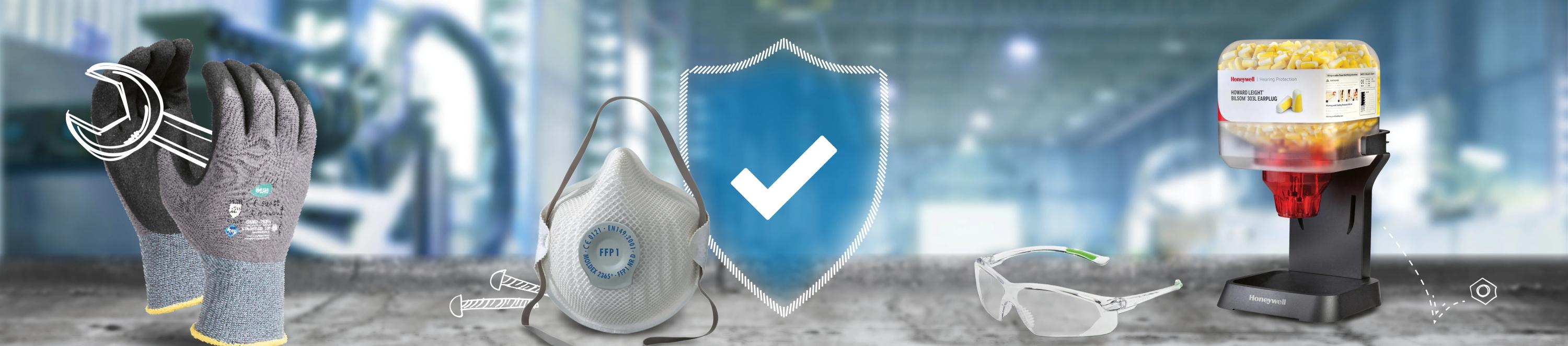 Grauer Schutzhandschuh mit gelbem Clip, weiße Atemschutzmaske mit blauem Haken, weiße Schutzbrille und Dose gelber Gehörschutzstöpsel.