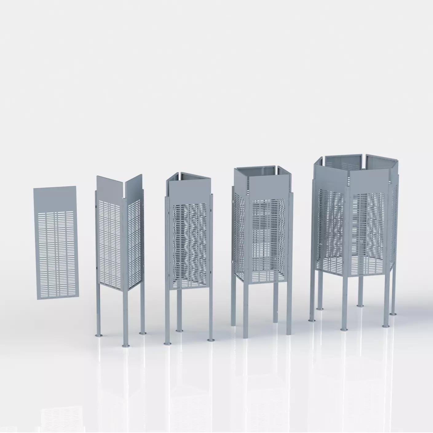 Vier identische Weroflex® Station - 3-Seiten Komplett-Set, aus grauem Metall gefertigt, stehen erhöht auf schlanken Beinen in einer geraden Reihe.