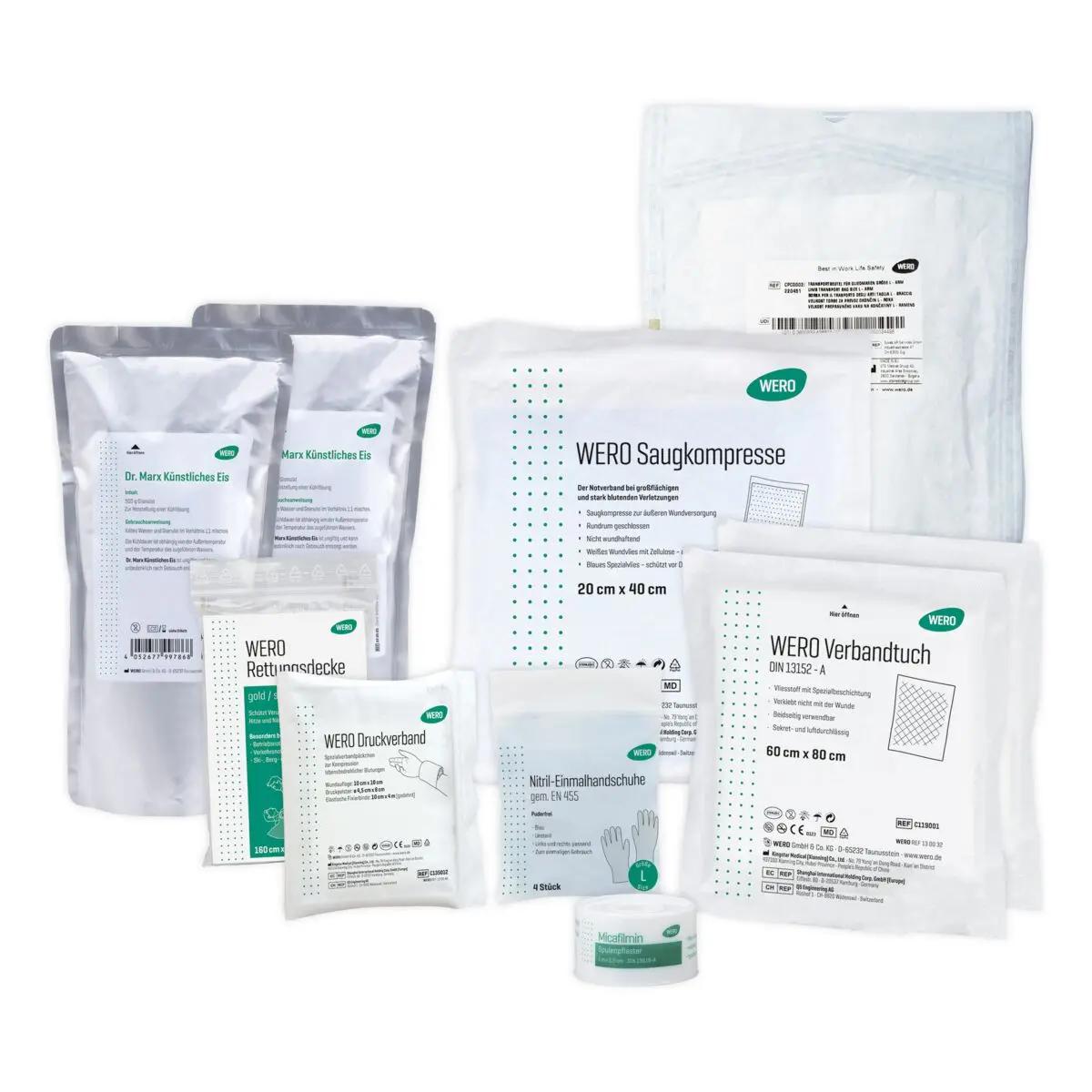 Mehrere steril verpackte Verbände, WERO Replantat Set in Klarsichttasche – Mittel, Dr. Marx künstliches Eis, für Amputationsverletzungen.