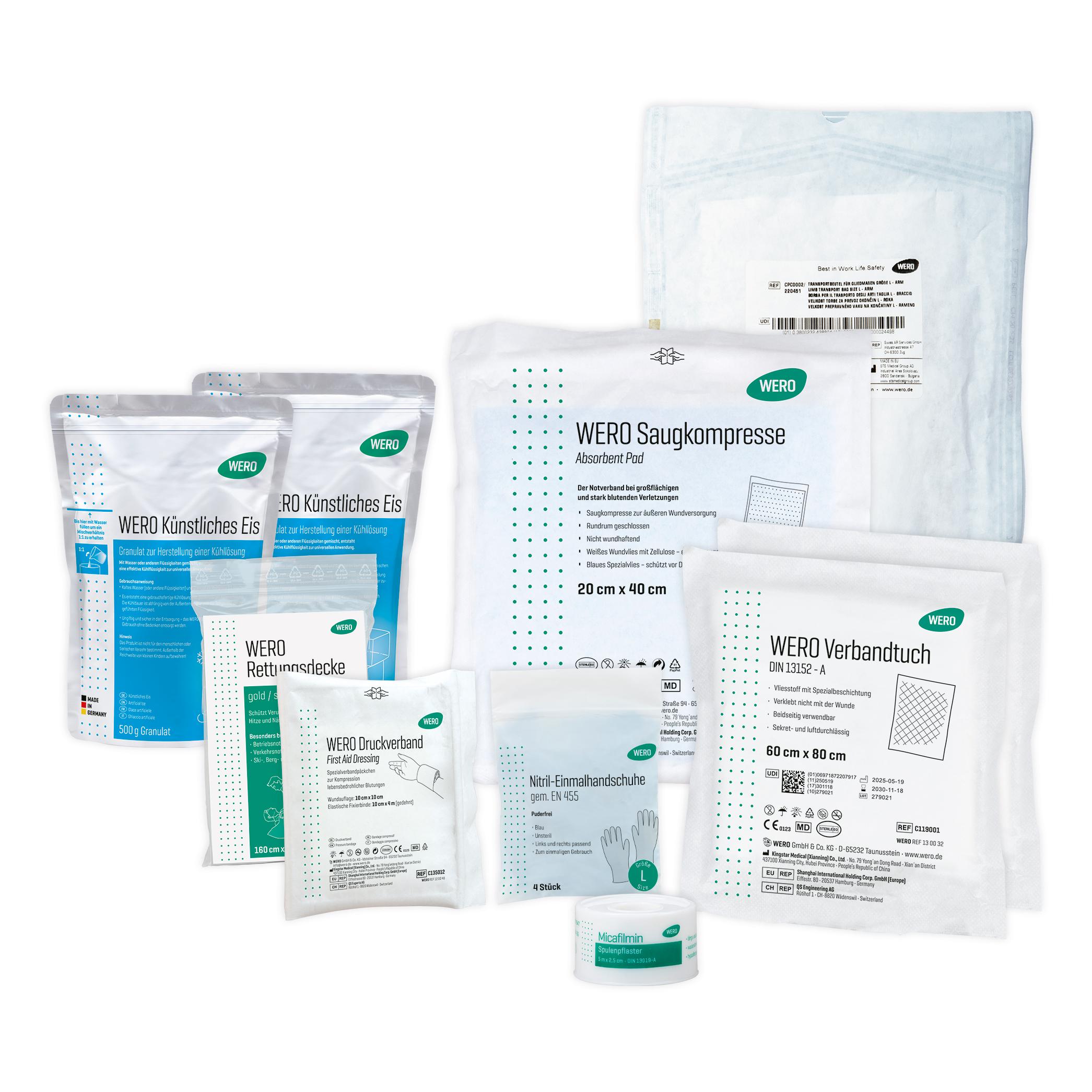 Mehrere steril verpackte Verbände, WERO Replantat Set in Klarsichttasche – Mittel, Dr. Marx künstliches Eis, für Amputationsverletzungen.
