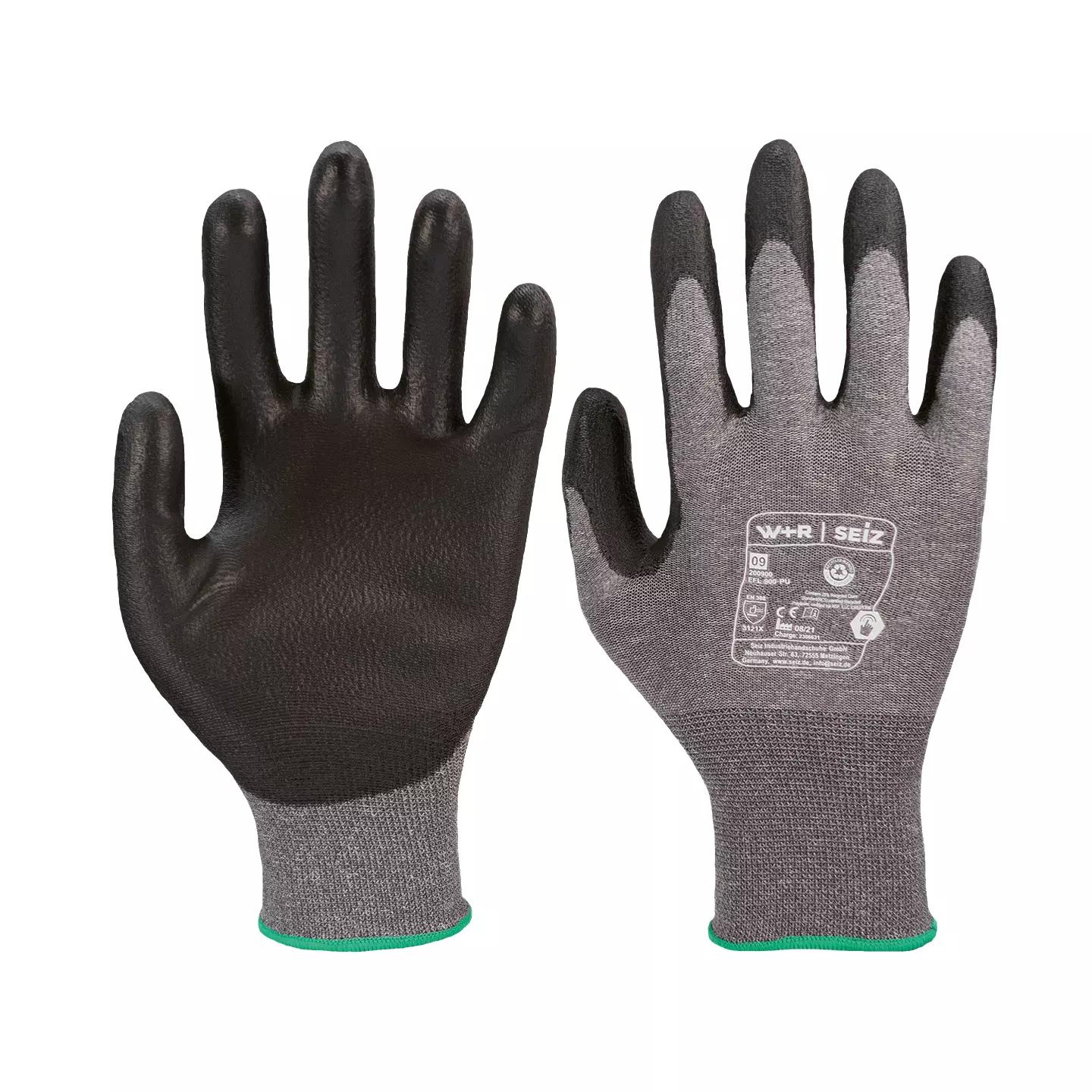 Der Montagehandschuh ECO Star PU, 10 Paar - 6 ist grau mit schwarzer, texturierter Handfläche und Fingern sowie einem teal/grünen Rand.