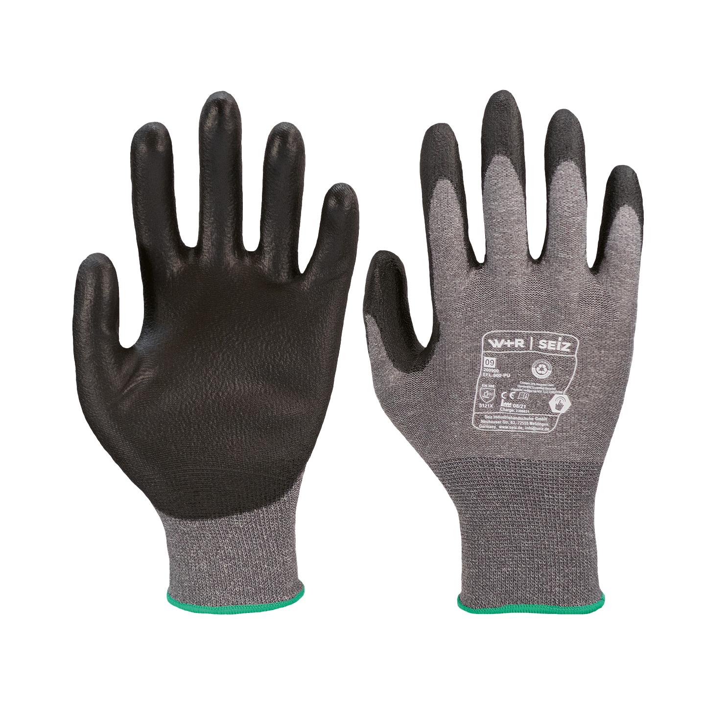 Der Montagehandschuh ECO Star PU, 10 Paar - 6 ist grau mit schwarzer, texturierter Handfläche und Fingern sowie einem teal/grünen Rand.