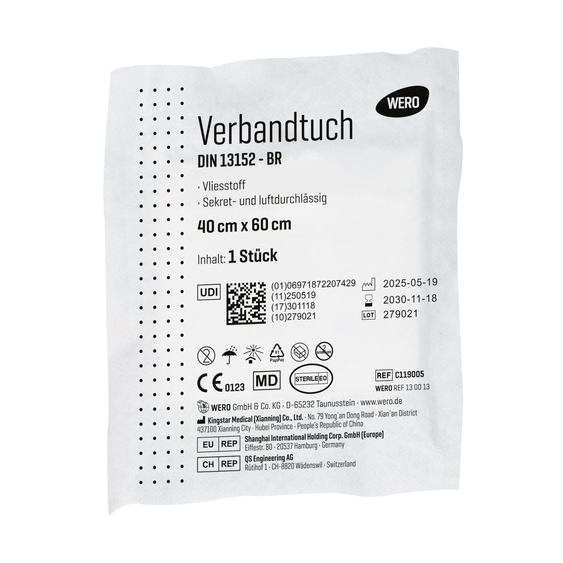 Weisse Verpackung des Verbandtuchs DIN 13152-BR 40x60 cm, 1 Stück, der Marke WERO.