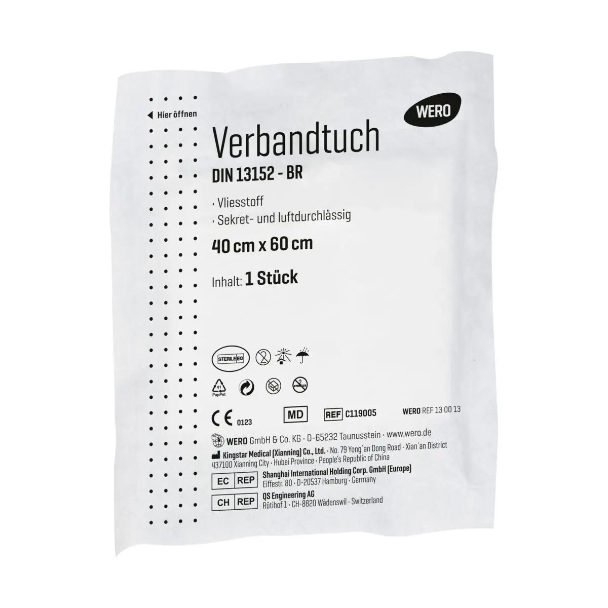 Weisse Verpackung des Verbandtuchs DIN 13152-BR 40x60 cm, 1 Stück, der Marke WERO.