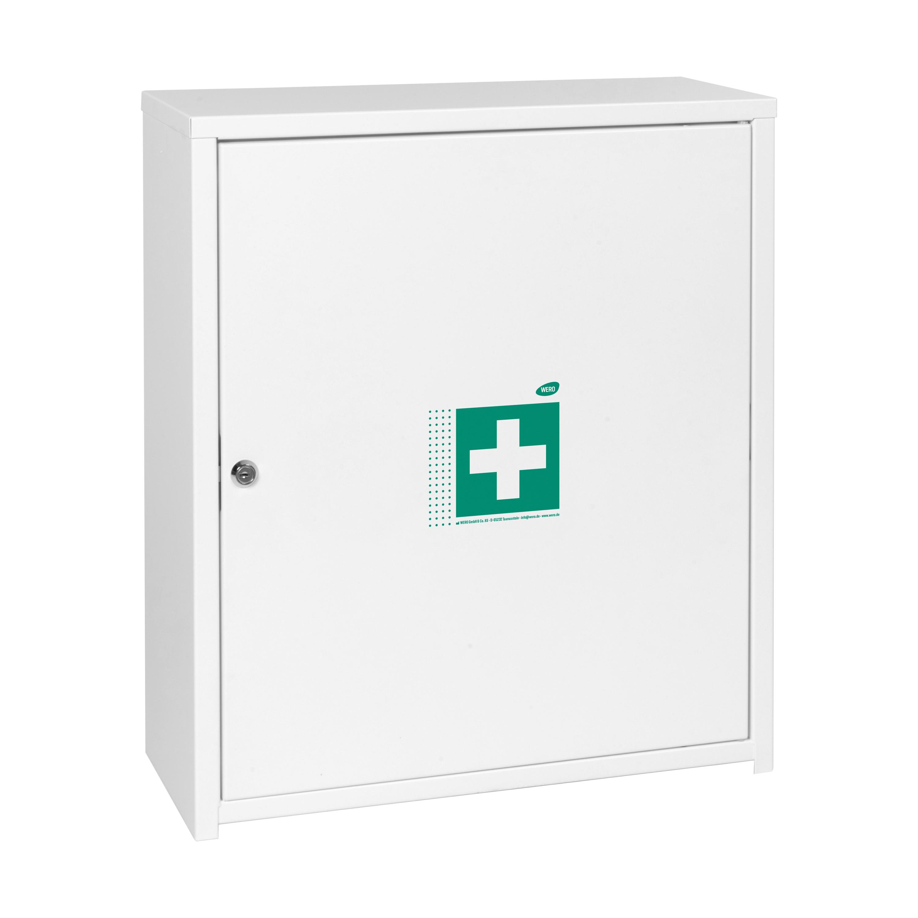 Weißer WERO Verbandschrank MaxiDeep 6 / 073 aus Stahlblech mit grünes Kreuz und silbernem Türknauf, als Erste-Hilfe-Schrank deutlich erkennbar.