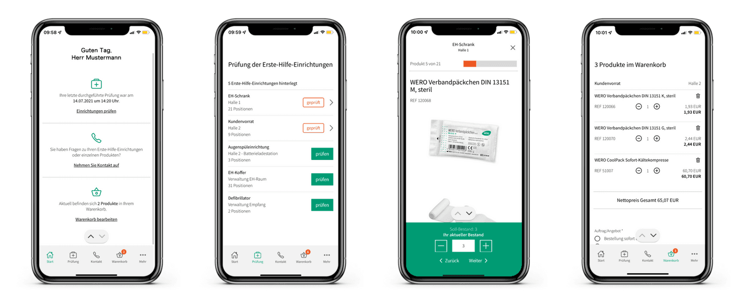Vier iPhones mit einer nutzerfreundlichen App-Oberfläche für Erste Hilfe und Medikamentenverwaltung, jeweils mit Such- und Menüfunktionen.