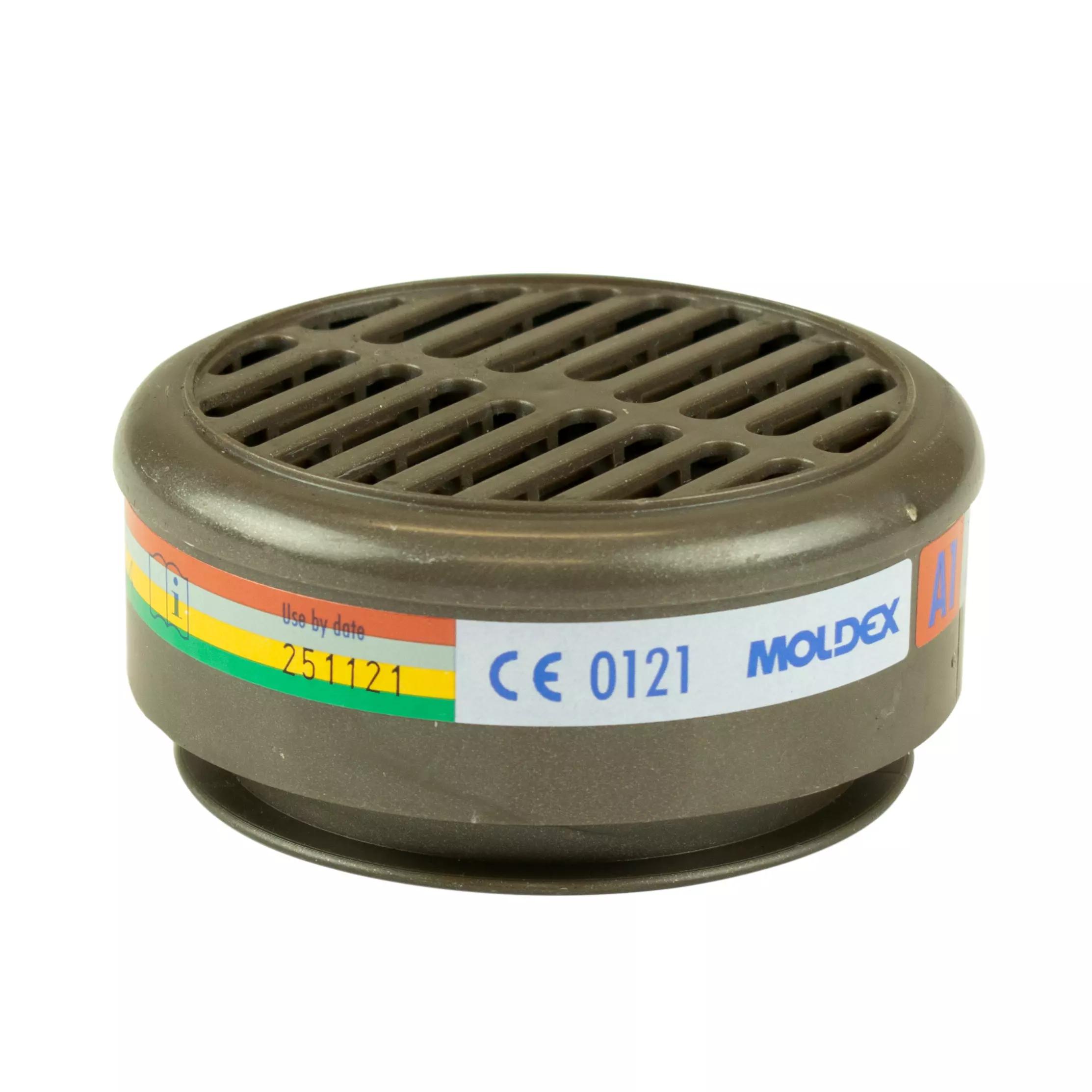Brauner Gasfilter ABEK1 mit schwarzem Lüftungsgitter, weißem CE-Label, rotem und gelbem Streifen, passend für Moldex Serie 8000 Masken.