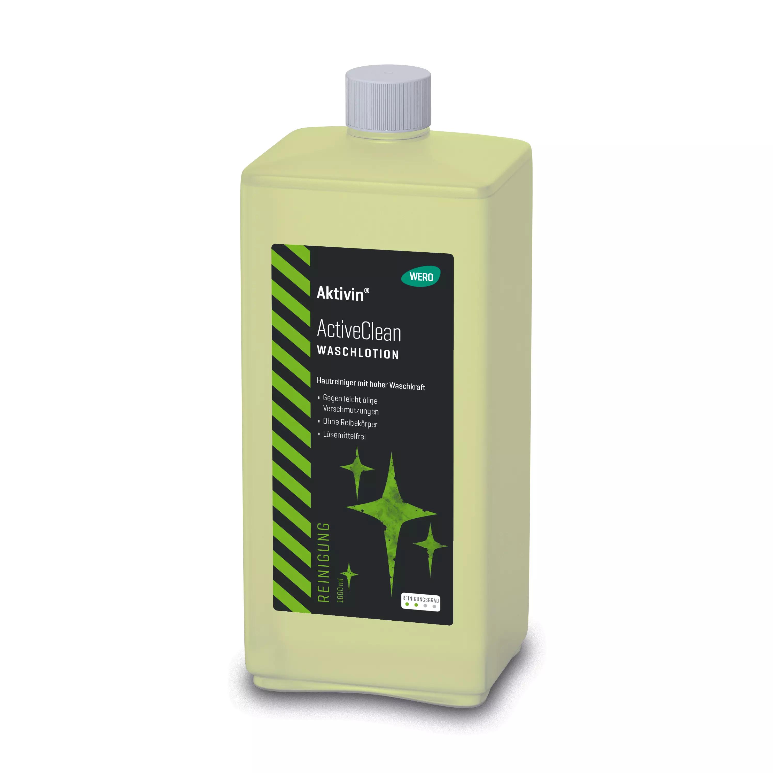 Eine hohe, rechteckige Flasche Waschlotion Aktivin® ActiveClean mit 1.000 ml und schwarzem Etikett, grünem Design sowie grauem Deckel.