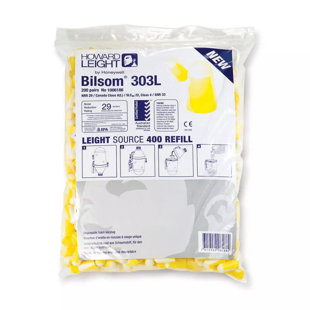 Transparenter Beutel Nachfüllpackung Bilsom® 303 mit 200 Paar, gelb-weiße Polyurethan-Ohrstöpsel, konisch geformt, PVC-frei