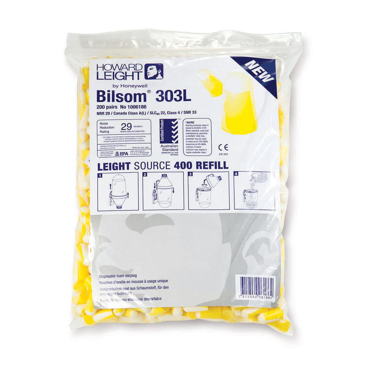 Transparenter Beutel Nachfüllpackung Bilsom® 303 mit 200 Paar, gelb-weiße Polyurethan-Ohrstöpsel, konisch geformt, PVC-frei