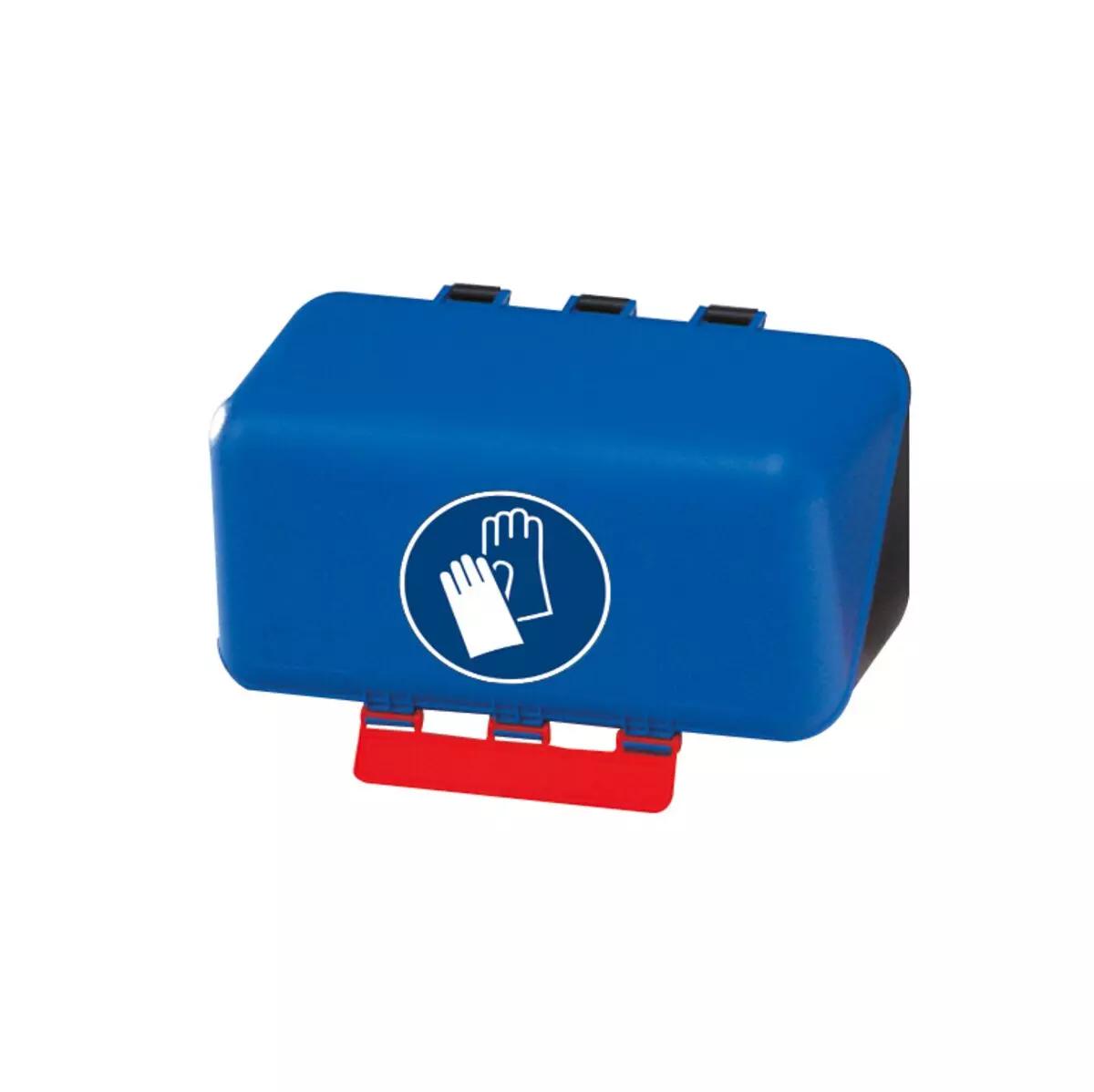 SecuBox® Aufbewahrungsbox für Schutzhandschuhe - Mini aus blauem ABS-Kunststoff mit rotem Griff und Handschuh-Symbol, staub- und spritzwasserdicht.