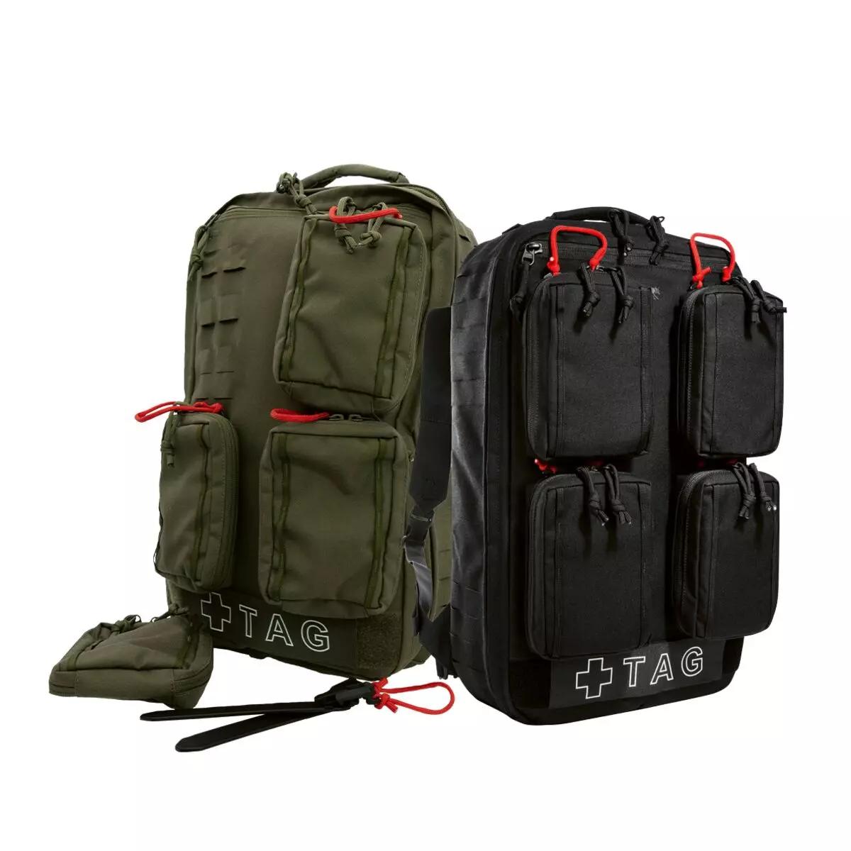Zwei strukturierte TT Medic Mascal Pack - Schwarz Rucksäcke mit roten Gurten, vier Front-IFAK-Pouches und MOLLE-Seiten zeigen ein markantes Kreuzsymbol.