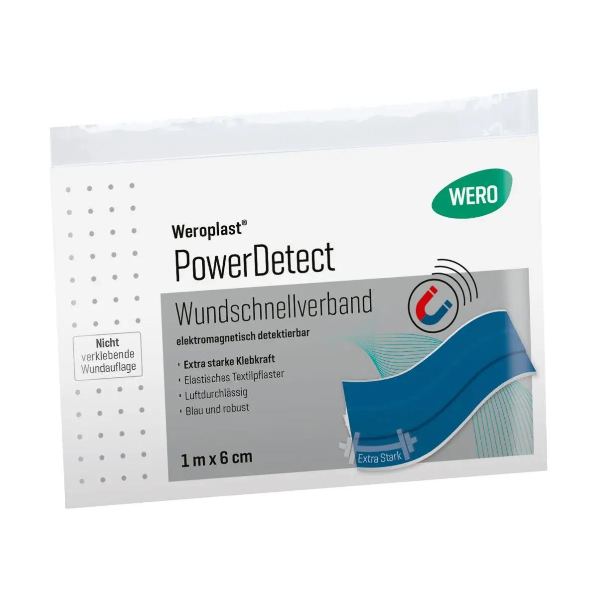 Rechteckige Verpackung des Wundschnellverband Weroplast® PowerDetect mit Magnet-Symbol, extra starke Klebkraft, detektierbares, elastisches Textilgewebe