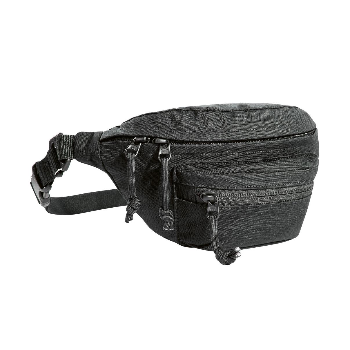 Schwarze TT Modular Hip Bag aus Nylon mit MOLLE-Klett-Hauptfach, kleiner Fronttasche, Reißverschlussfach hinten und Lasercut-MOLLE-Leiste am Deckel.