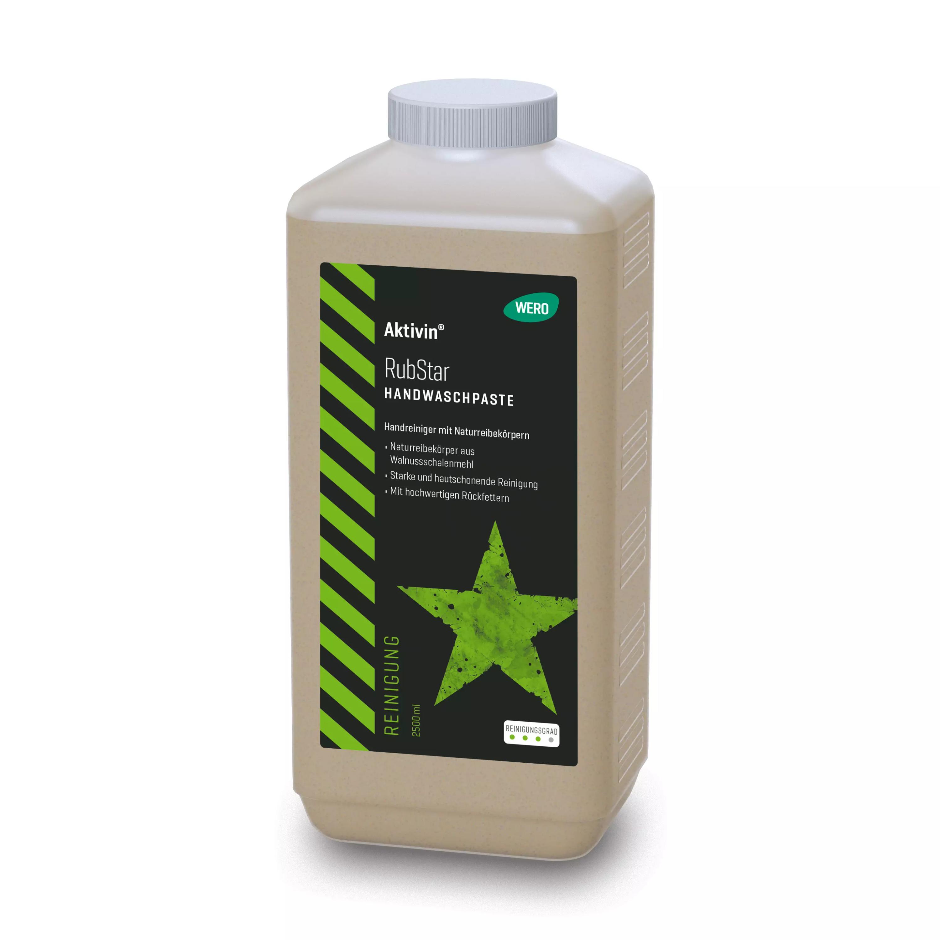 Beige Euroflasche Hautreinigung Aktivin® RubStar 2.500 ml mit schwarzem Etikett, beworben mit hoher Reinigungskraft, Naturreibekörpern und Rückfettern.